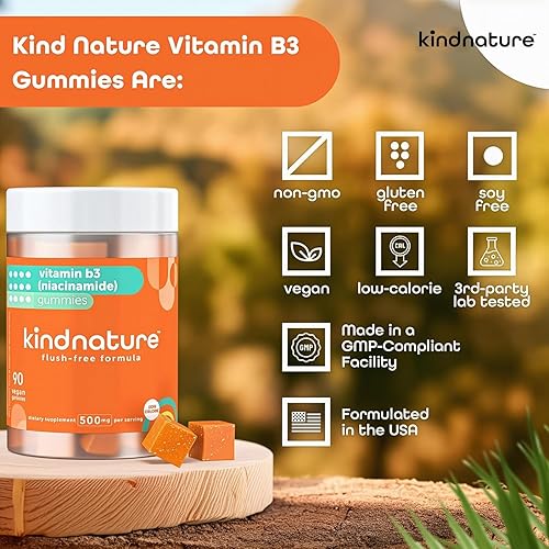 Miniatura 6 de kindnature Gomitas de niacina con vitamina B3  Suplemento de niacinamida sin rubor de 500 mg  Veganas, sin OMG, bajas en calorías, sin gluten, soja,