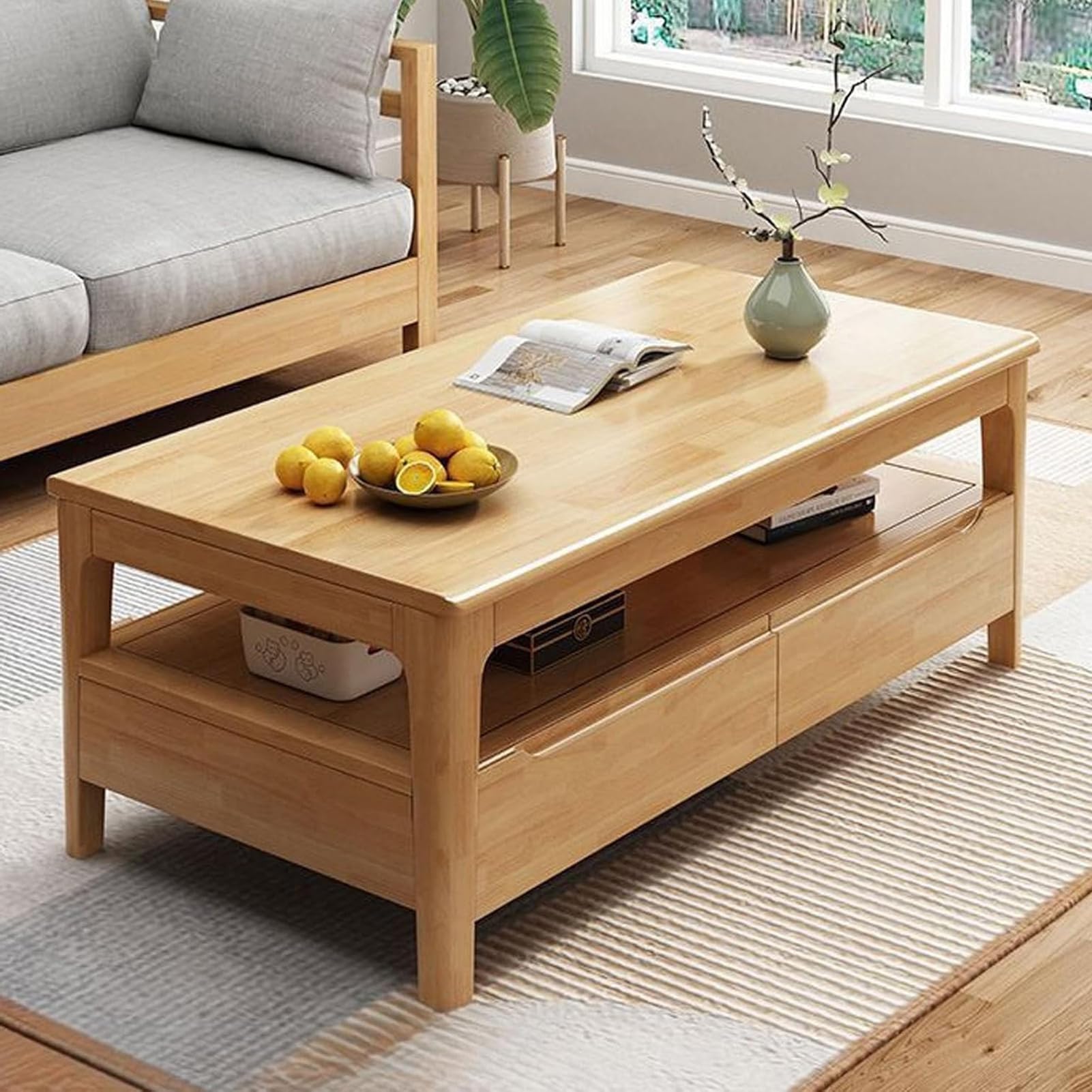 Mesa de Centro Rectangular de Madera Maciza con 4 Cajones y Estante de 2 Niveles – Gran Almacenaje para Salón, Oficina, Apartamento – Estilo Campestre, Madera Natural (100x50x45cm)