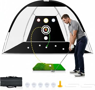 Golf Net, Dikutar 10x7ft Practice Bundle with Tri-Turf Mat & 4-Targets | Durable 420D hitting cages for backyard driving and swing training. Includes 5 balls, tee, and carry bag. Gifts for men.