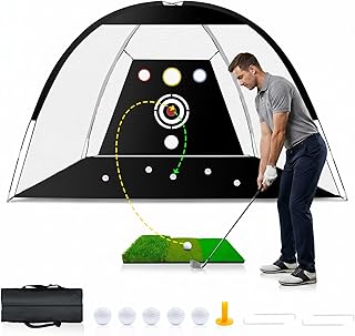 Golf Net, Dikutar 10x7ft Practice Net with 5 Real Balls, Tri-Turf Mat and Portable Storage Bag, All-in-One Durable Hitting Nets for Backyard Driving Swing - Gifts for Golf Lover