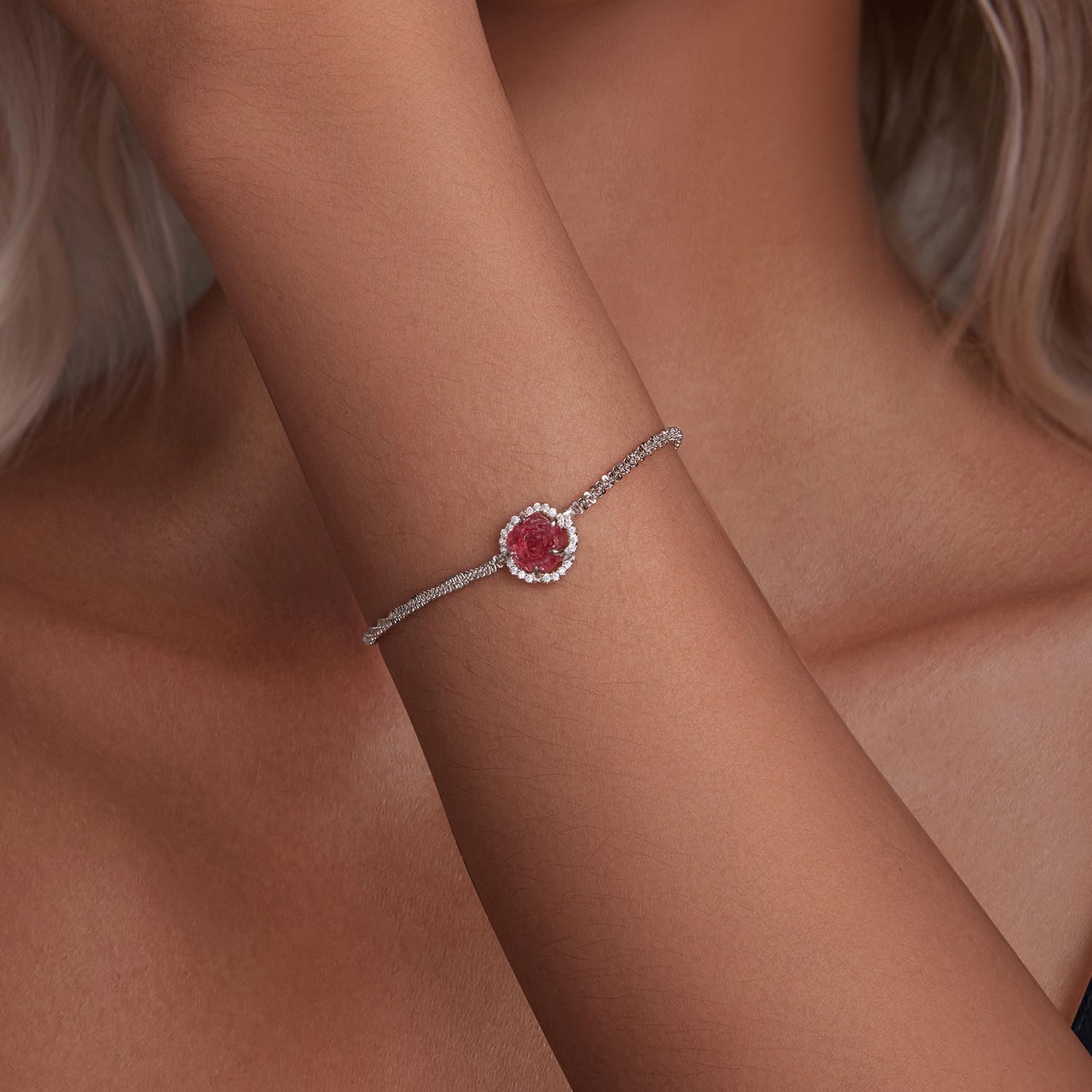 Geburtsstein-Armbänder aus 925er-Sterlingsilber für Damen, Tennis-Armband aus Sterlingsilber oder künstlichem Edelstein, Rosen-Blumen-Herz-Schmuck
