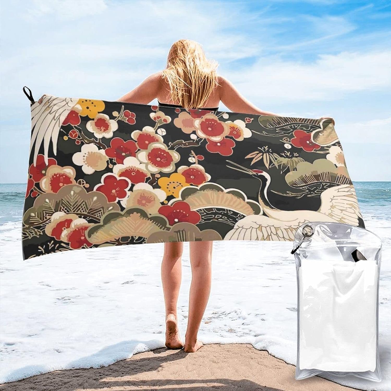 Amazon｜バスタオル 大判 和風 和柄 赤 レッド 花柄 さくら