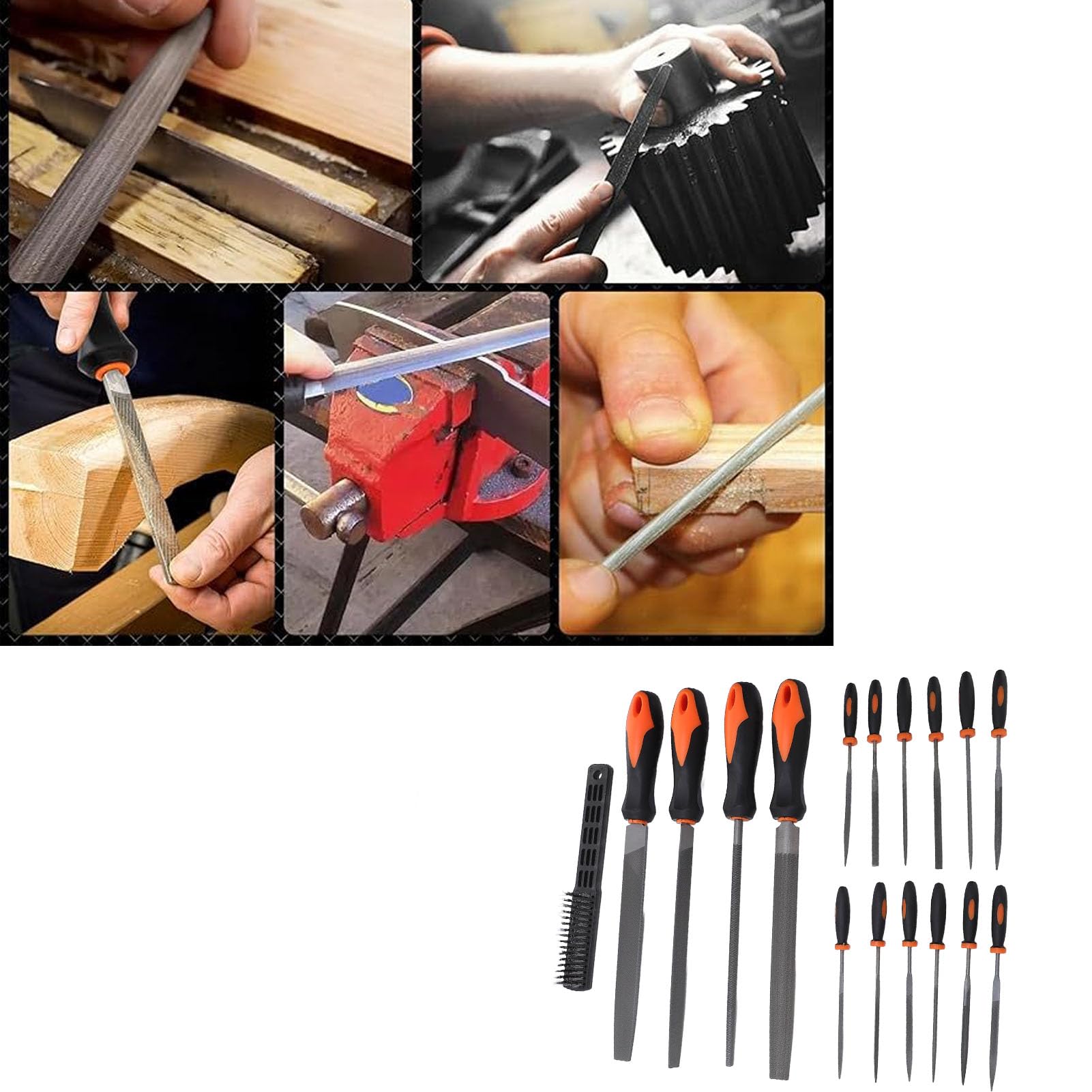 Kit de 17 limes à main et à aiguilles en métal, alliage d'acier à haute teneur en carbone T12, limes plates/triangulaires/demi-rondes/rondes, 12 limes à aiguilles et 1 brosse