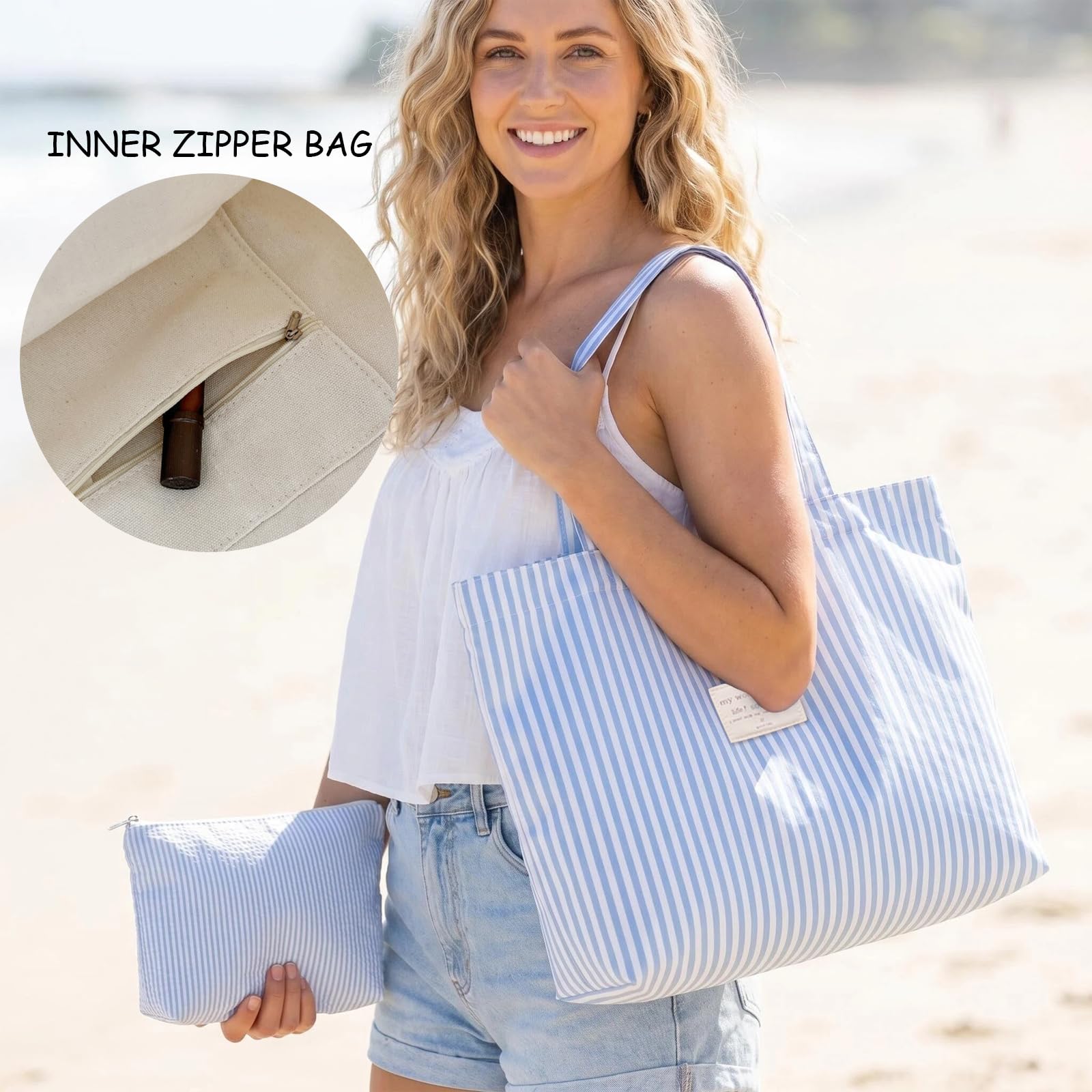 Borsa da Spiaggia Grande con Tasca Interna, Borsa da Mare con Pochette Abbinata, bBorsa Estiva Donna Capiente per Spiaggia Shopper