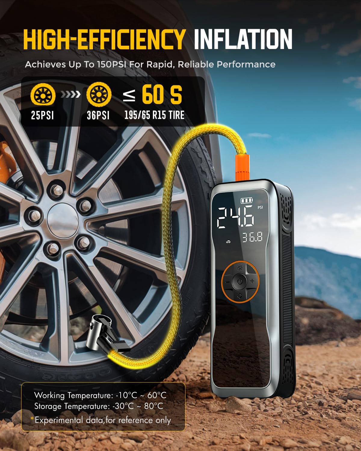 Compressore d'aria portatile, 16000 mAh, 150 psi, per pneumatici auto, con ampio display a LED, 12 CC, con luce LED, power bank, spegnimento automatico, per palloni per auto, moto, biciclette