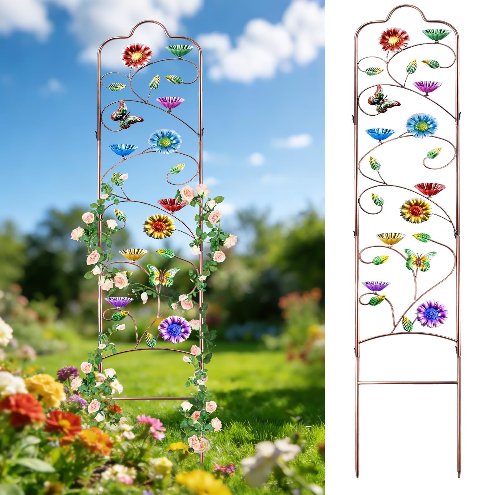 View 1 of 2 in 1 Bee Watering Station & Metal Garden Trellis for Climbing Plants, 6-Pack Metal Flower Bee Bath for Garden-Attract Butterflies & Pollinators, 60'' H X 11'' W Vegetables Flowers Trellis (Bronze)