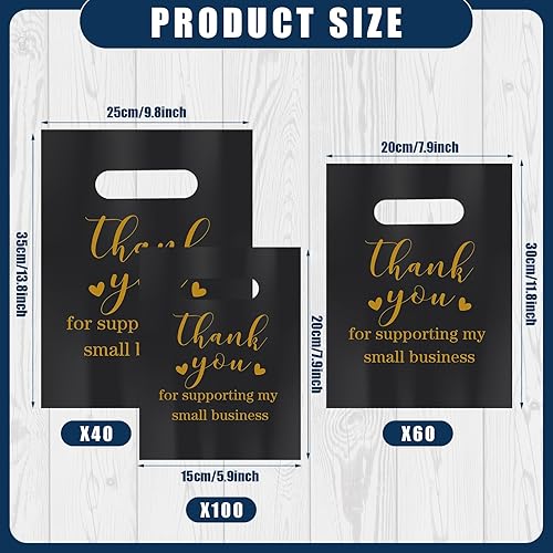 Miniatura 8 de Abbylike 300 bolsas negras de mercancía de agradecimiento con asas troqueladas, bolsas de compras de plástico a granel, 3 tamaños, bolsas de regalo