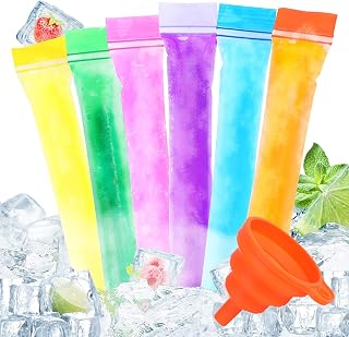 FEBSNOW 120 Disposable Ice Popsicle Mold Bags, Freezer Tubes with Double Leak-proof Zip Seals 6 Vibrant Colors Soft PE Material Easy to Fill for Snacks Yogurt Juice Fruit Ice Pops with Funnel