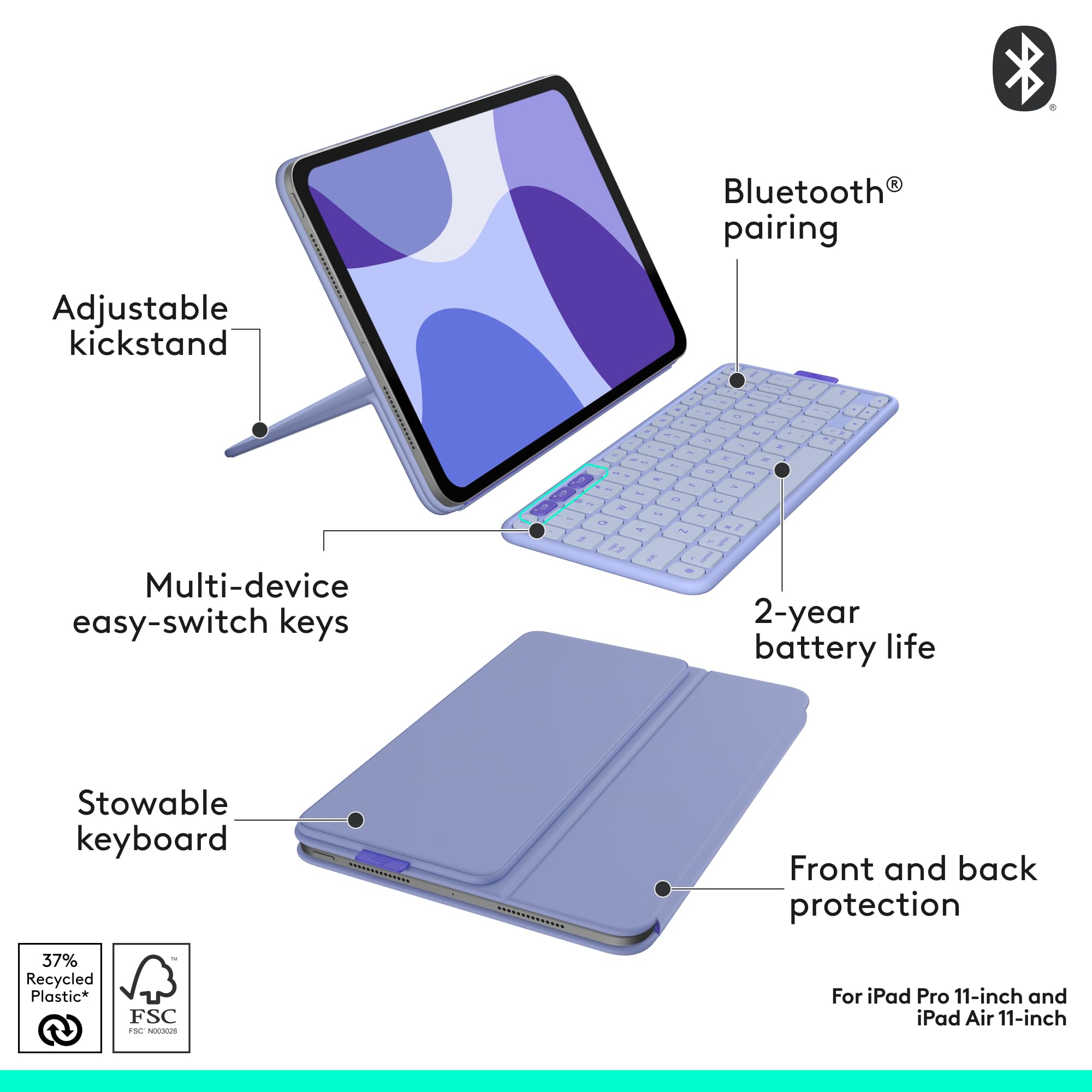 Logitech Flip Folio, Keyboard Case for iPad Pro 11-inch (M4 & M5) & iPad Air 11-inch (M2 & M3)(5th Gen - 2024) - Protective & Stowable Bluetooth Keyboard Case, Multi-Device - Lilac