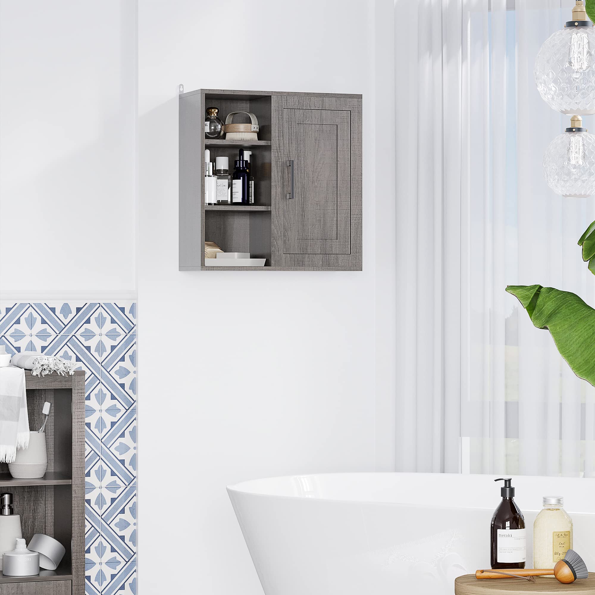 kleankin Meuble Mural Meuble de Rangement Suspendu Armoire Murale pour Salle de Bains Placard de Rangement Armoire de Toilette avec étagères et Une Porte - 48 x 20 x 50 cm - Gris