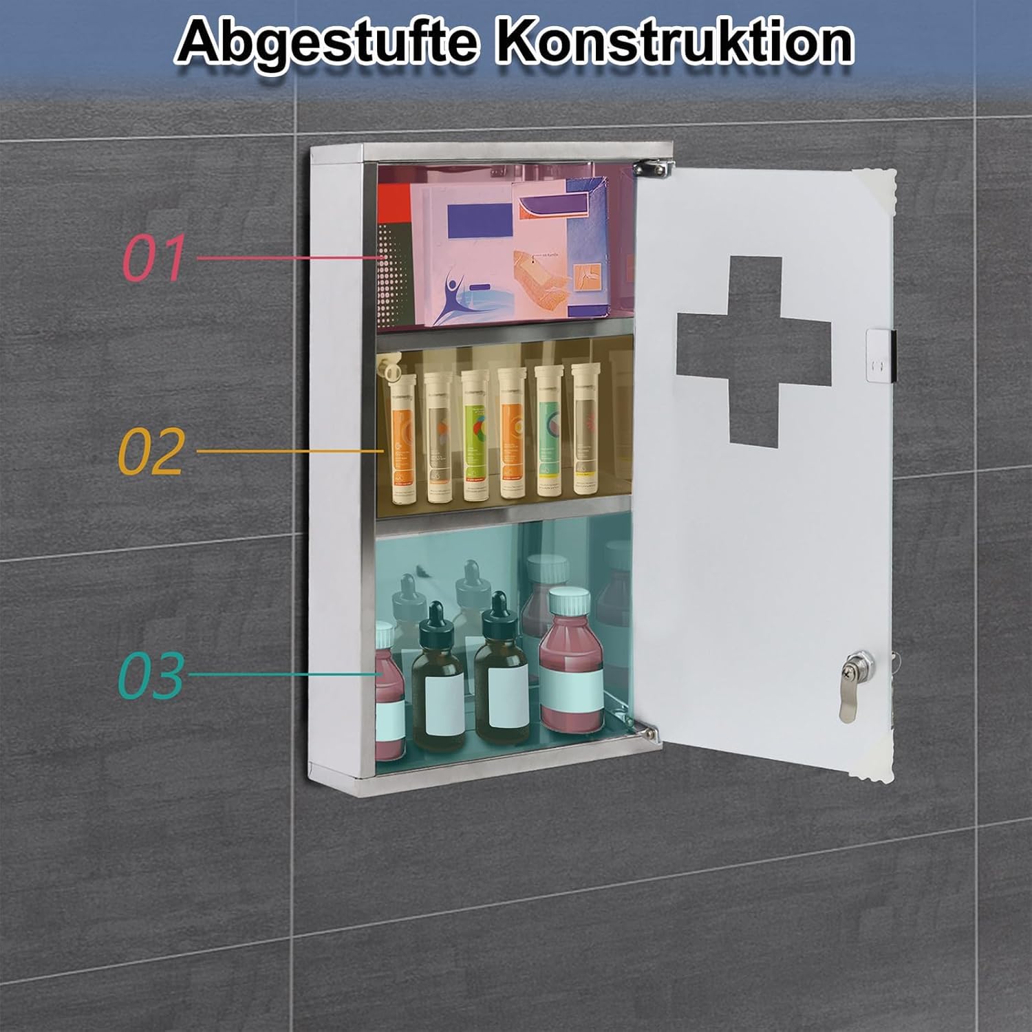 Medizinschrank Apothekerschrank, Abschließbarer Hängeschrank mit Magnetischer Glas Tür, 30x12x50cm (Silber, 3 Fächer)
