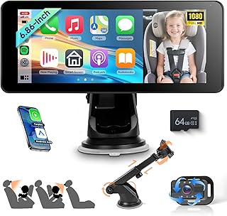 VECHTEL Baby Autokamera für Kinder mit 6.86 Zoll Geteilter Bildschirm HD 720P,mit Carplay Android Auto，360° drehbarer Nachtsicht Sicherheits-Autositzspiegelkamera,Saugnapfhalterung/64G SD