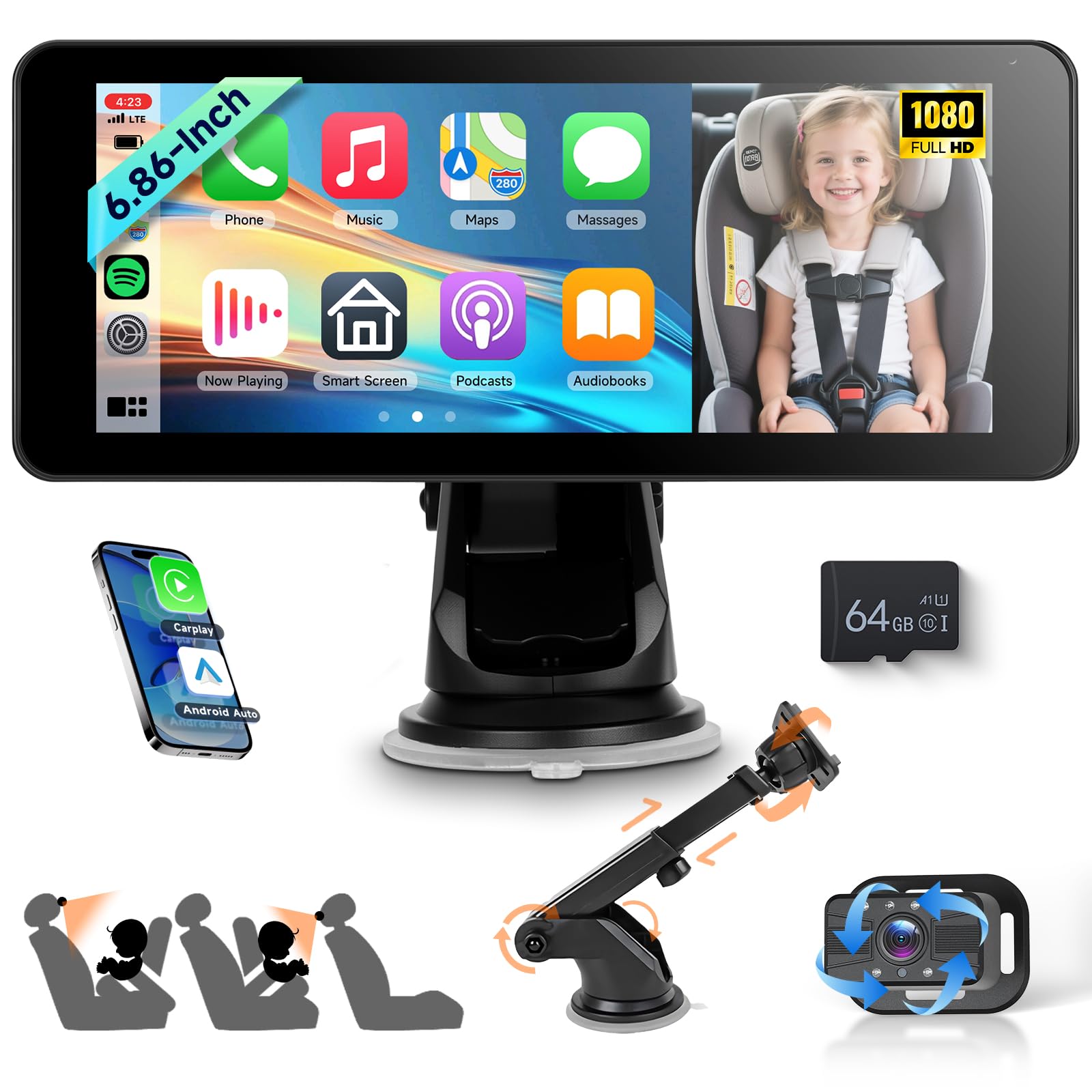 VECHTEL Camera Voiture pour bébé pour 2 enfants avec écran partagé de 6,86 pouces HD 720P, vision nocturne rotative à 360°, support à ventouse, installation rapide