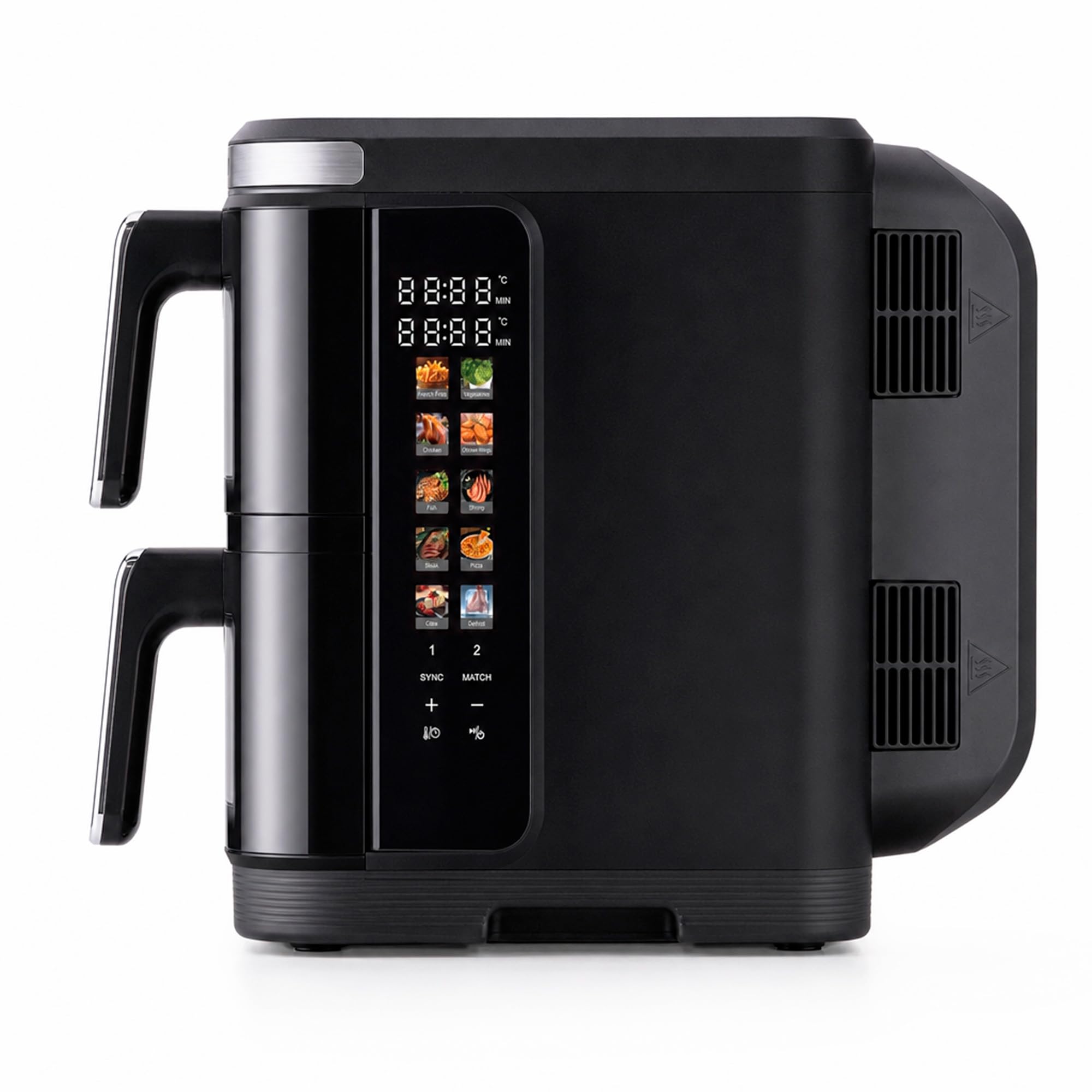 JOCCA - Podwójna cyfrowa frytkownica powietrzna 11L (5,5 l + 5,5 l) | Airfryer pionowy z 2 komorami z okienkami, 10 funkcji, kolorowy ekran dotykowy LED, 60-200 °C, nieprzywierająca i łatwa do