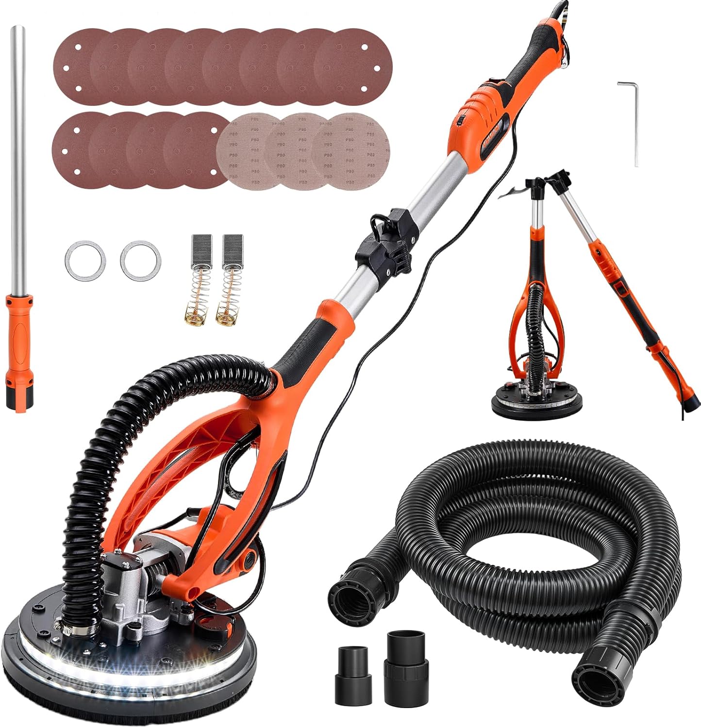 VEVOR Drywall Sander, 850W Electric Drywall Sander, Popcorn Ceiling Removal Tool with 5 Variable Speed 800-1700 RPM, Double-Deck LED Light, Foldable & Extendable Handle, 15 Sanding Discs, Dust Hose