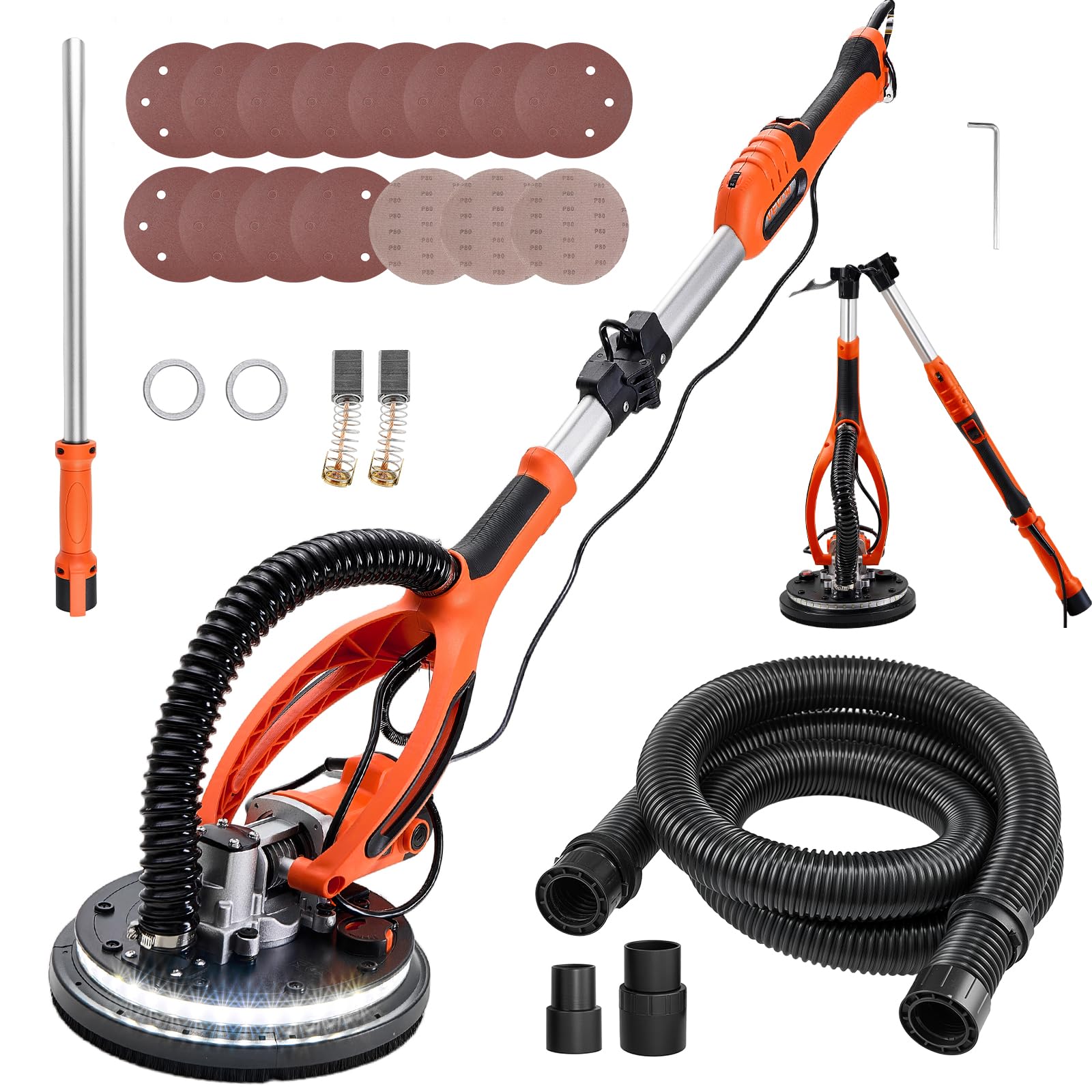 VEVOR Drywall Sander, 850W Electric Drywall Sander, Popcorn Ceiling Removal Tool with 5 Variable Speed 800-1700 RPM, Double-Deck LED Light, Foldable &