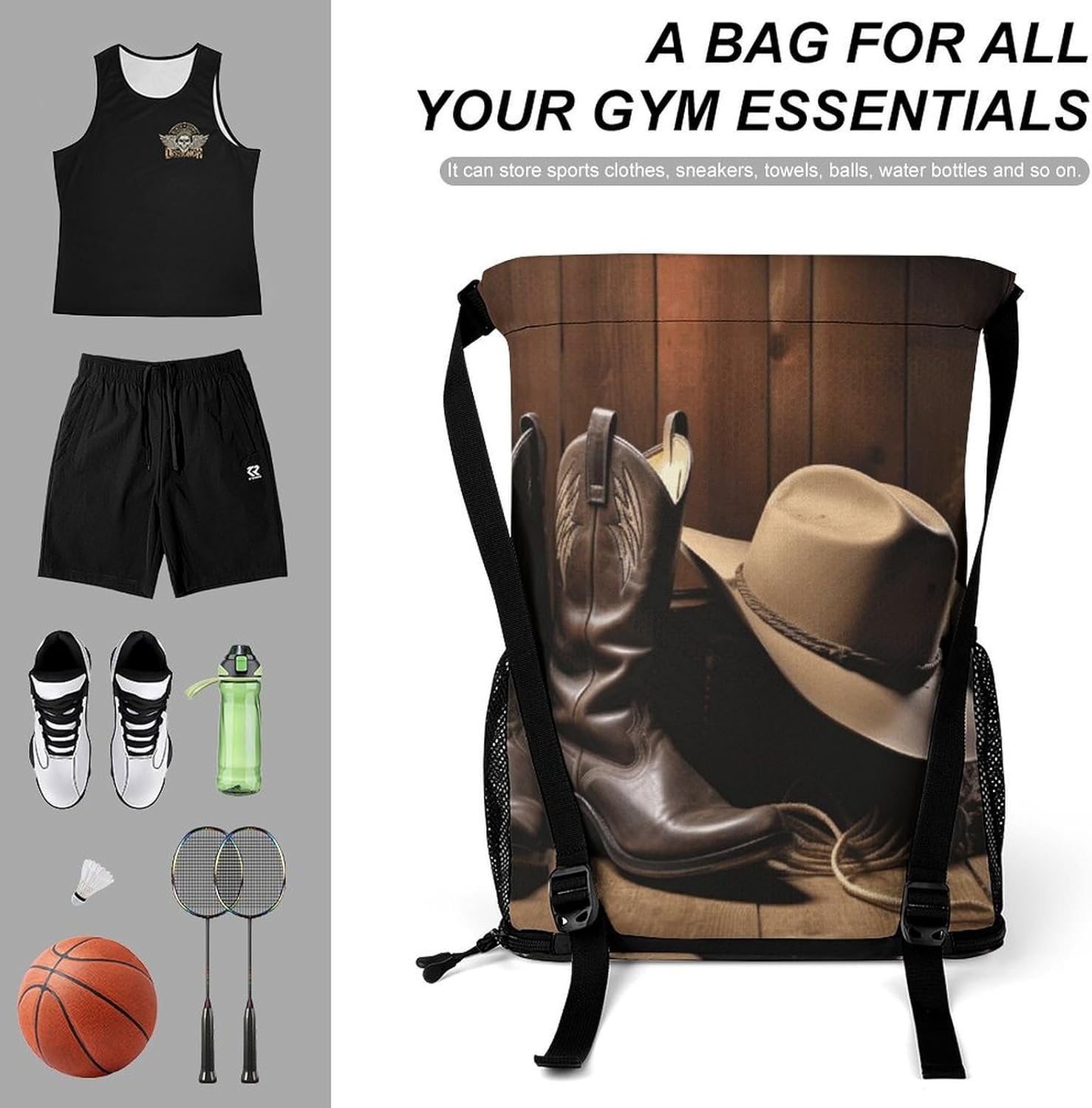 Sports Drawstring Backpack Cowboy Black Hat Western Boots Lightweight Backpack Dry And Wet Separation Large Capacity