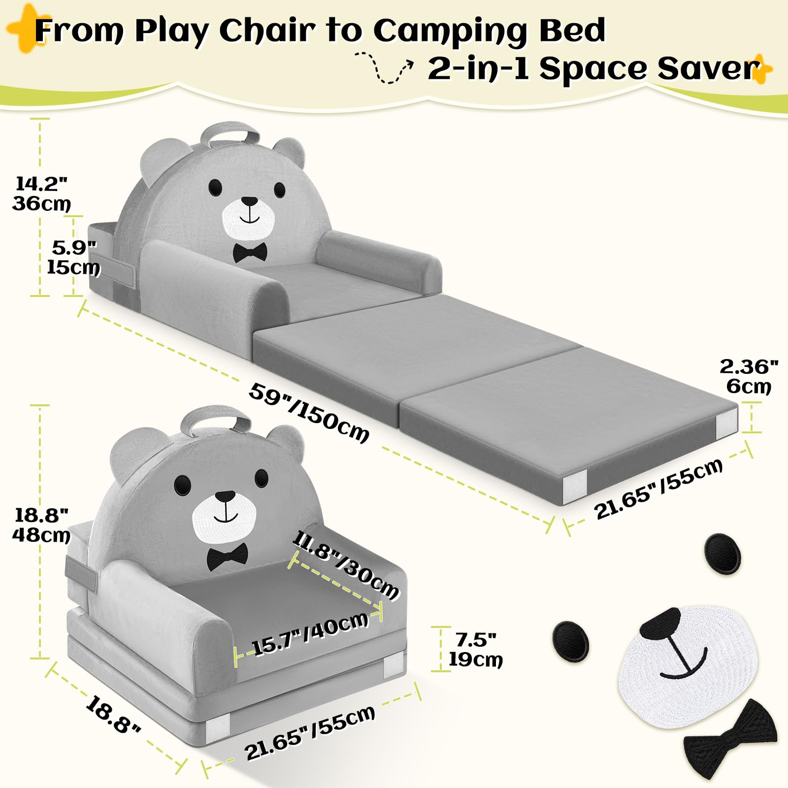Divano per bambini orso, sedia pieghevole 2 in 1 per bambini, 150cm morbido divano in velluto cristallo per bambini piccoli per camera da letto, soggiorno