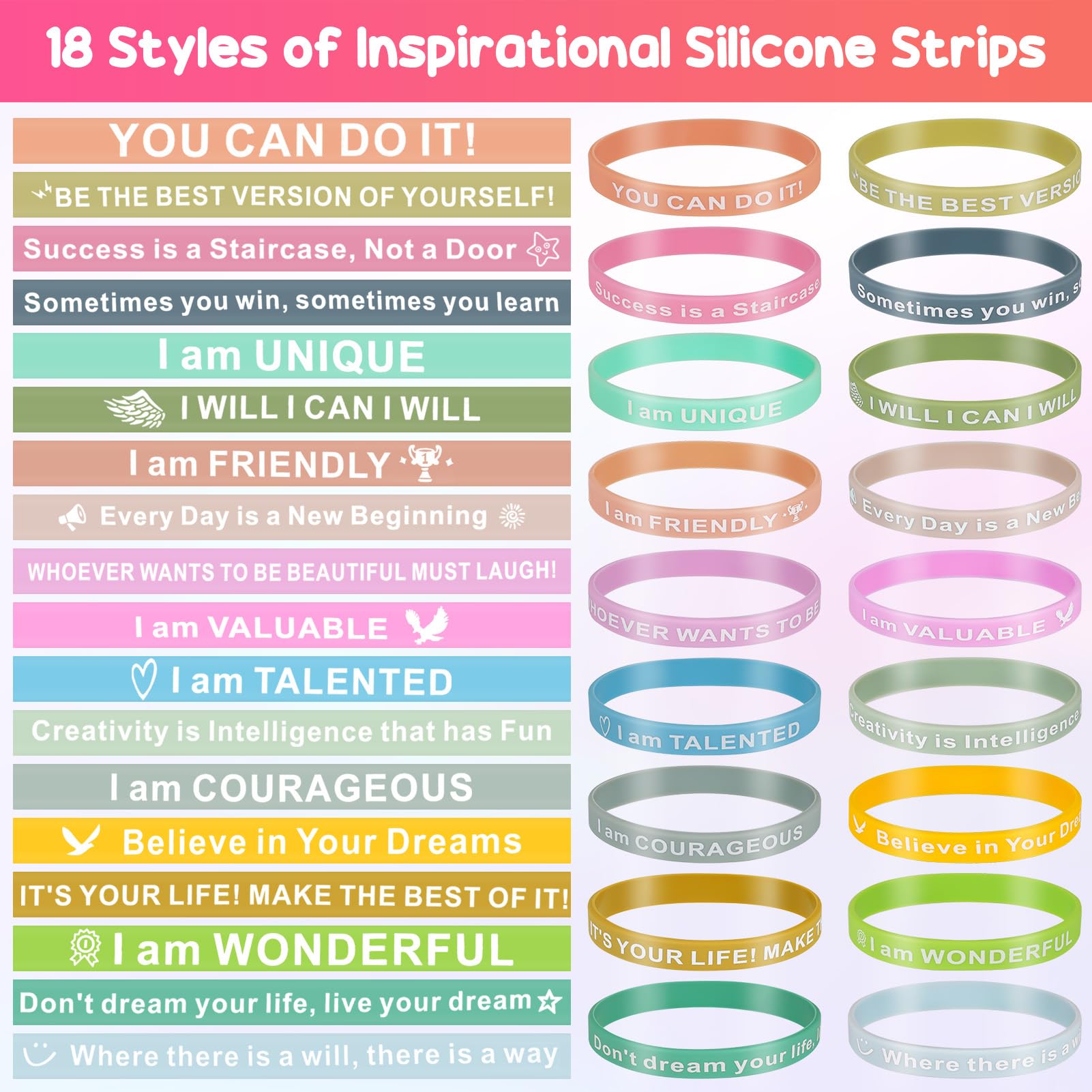 Bracelet en Silicone de Motivation 36 Pièces 20,2cm Couleurs avec Messages Positifs