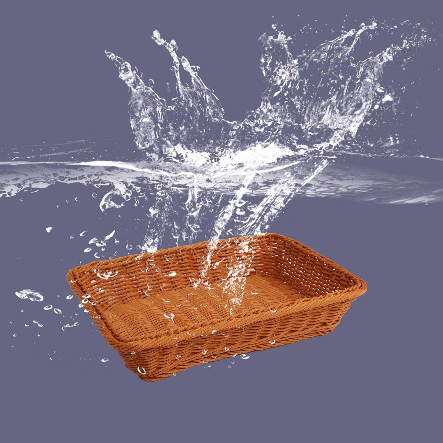 Nsmykhg 3 cestas de pan de mimbre de poliéster – 13.8 x 9.8 x 2.75 pulgadas, bandeja rectangular tejida para almacenamiento de alimentos, cesta de frutas de ratán de imitación, cesta apilable para