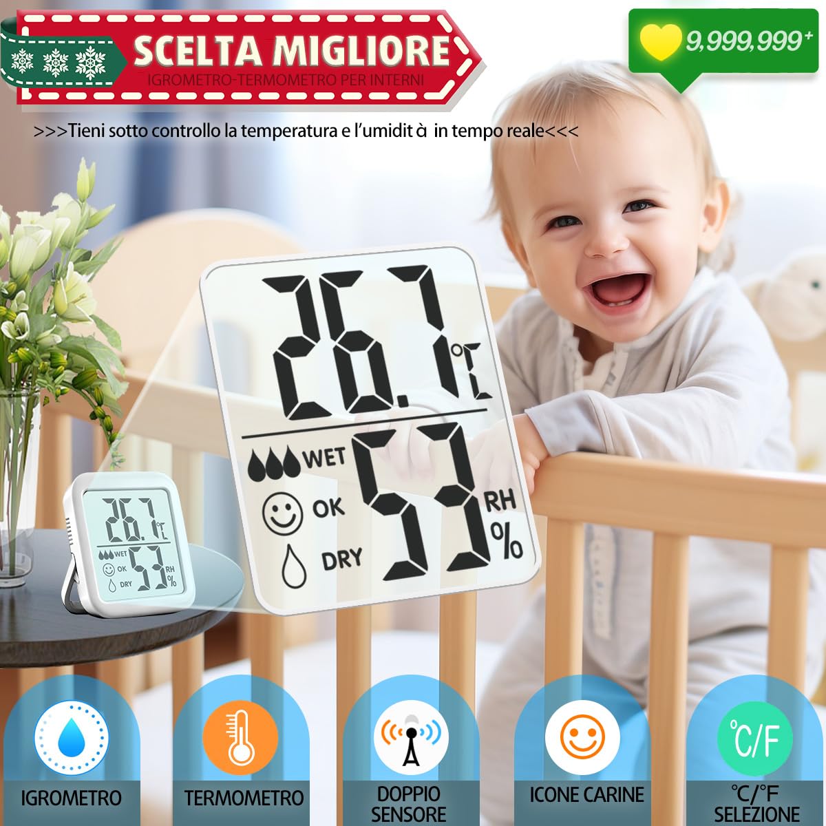 Termometro Ambiente Interno Igrometro Digitale 2 pezzi Monitor Temperatura Umidità per Casa Terrario Incubatrice Serra