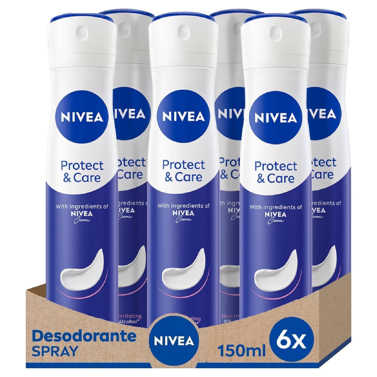 Nivea Protect & Care Spray Desodorante 6 X 150 Ml, Desodorante Antitranspirante Sin Alcohol Etílico, Desodorante Perfumado Y No Irritante Para Una Protección Eficaz