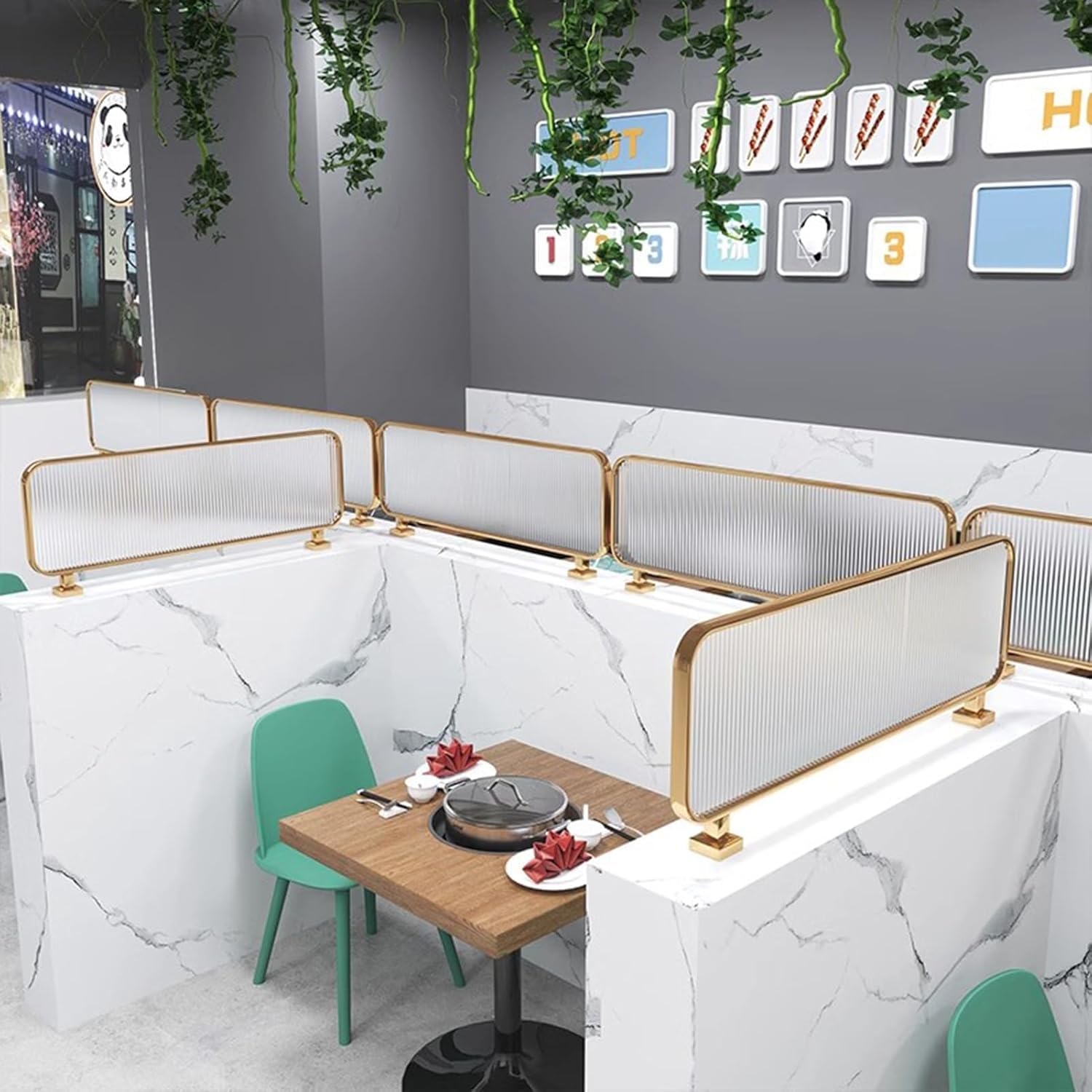 Dekoracyjne żelazne przegrody do jadalni, restauracji i biurek - stylowa 50 x 110 cm złota przegroda o niskiej barierze, idealne do miejsc pracy i estetyki
