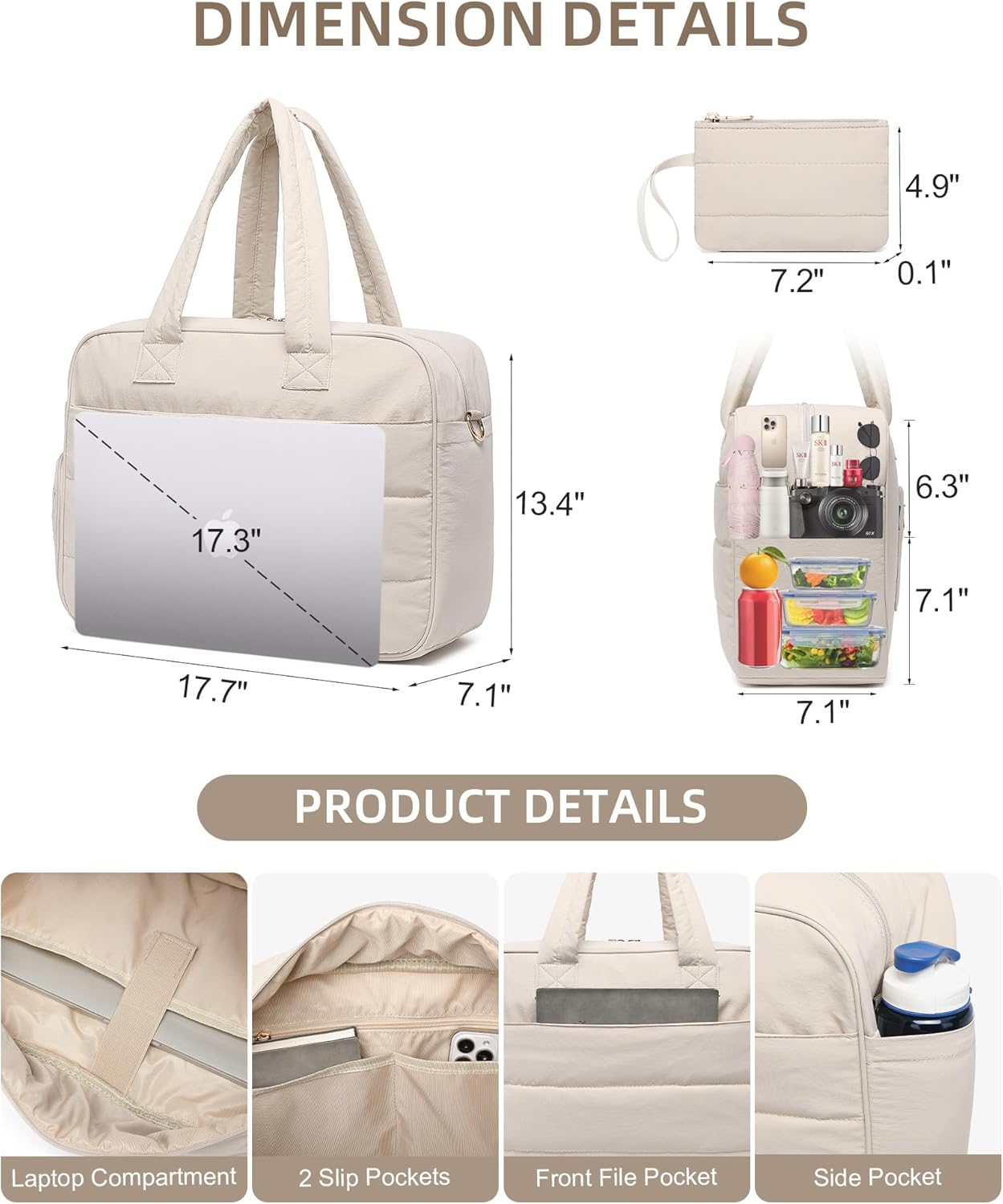 Lunch Tote Bag for Women Work, 17.3 Inch Laptop Purse with Insulated Lunch Compartment Coin Wallet for Meal, Large Puffy Quilted Travel Duffle Bag Beige - Image 3