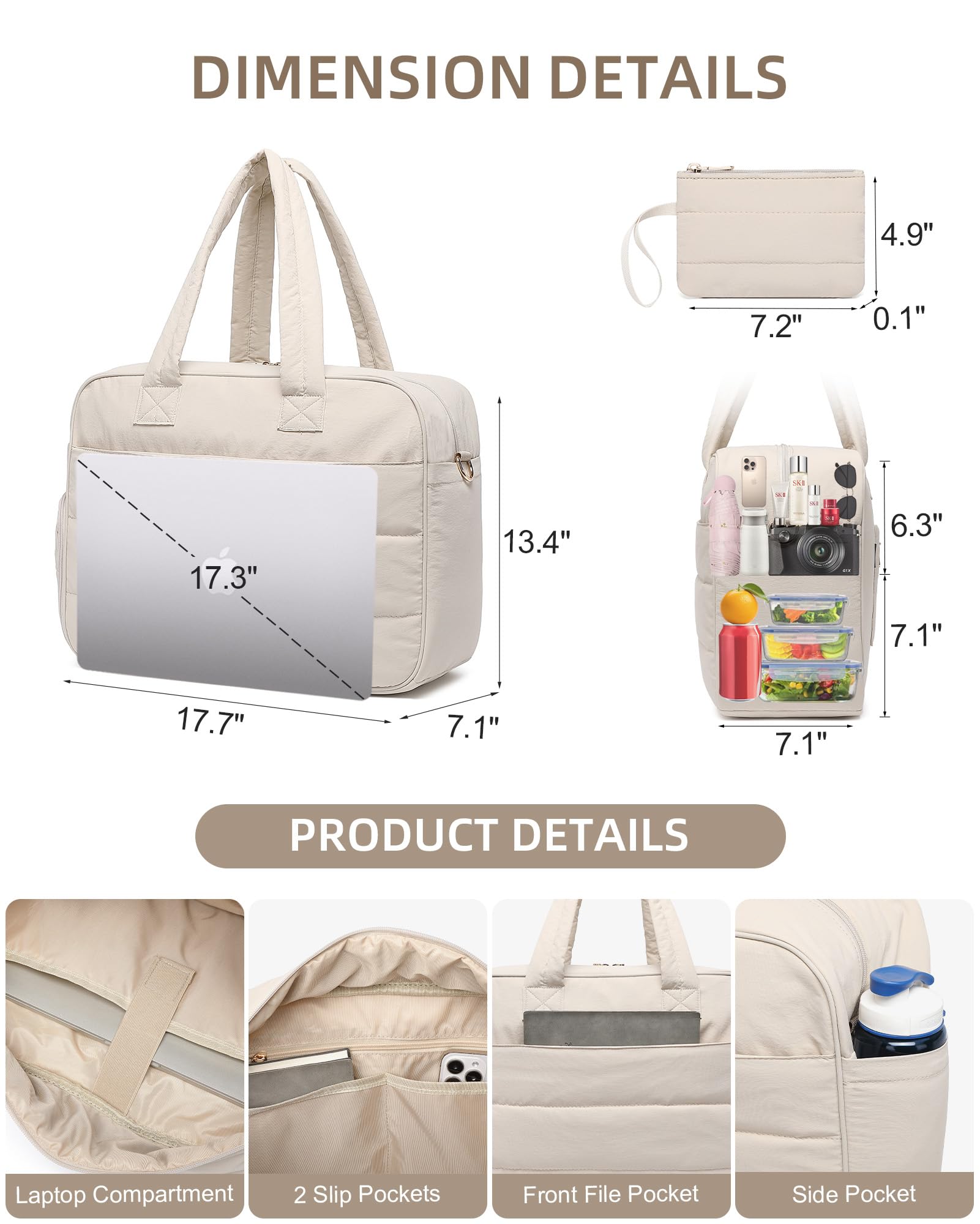 Lunch Tote Bag for Women Work, 17.3 Inch Laptop Purse with Insulated Lunch Compartment Coin Wallet for Meal, Large Puffy Quilted Travel Duffle Bag Beige