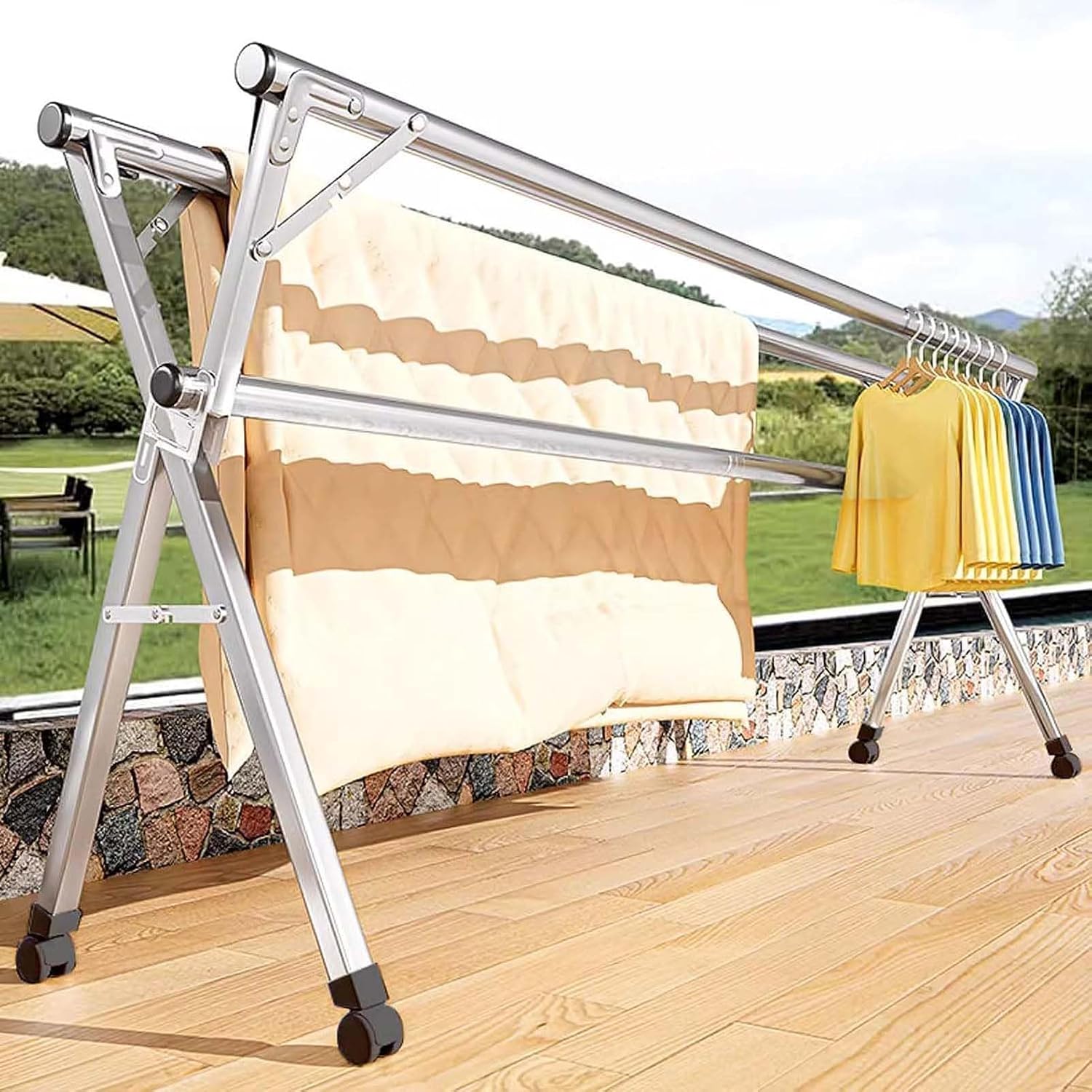 Heavy-Duty Stainless Steel Clothes Drying Rack 47in, Foldable & Retractable Laundry Hanger with 20 Hooks & 12 Clips, Ideal for Indoor/Outdoor Use, Space-Saving Balcony Solution