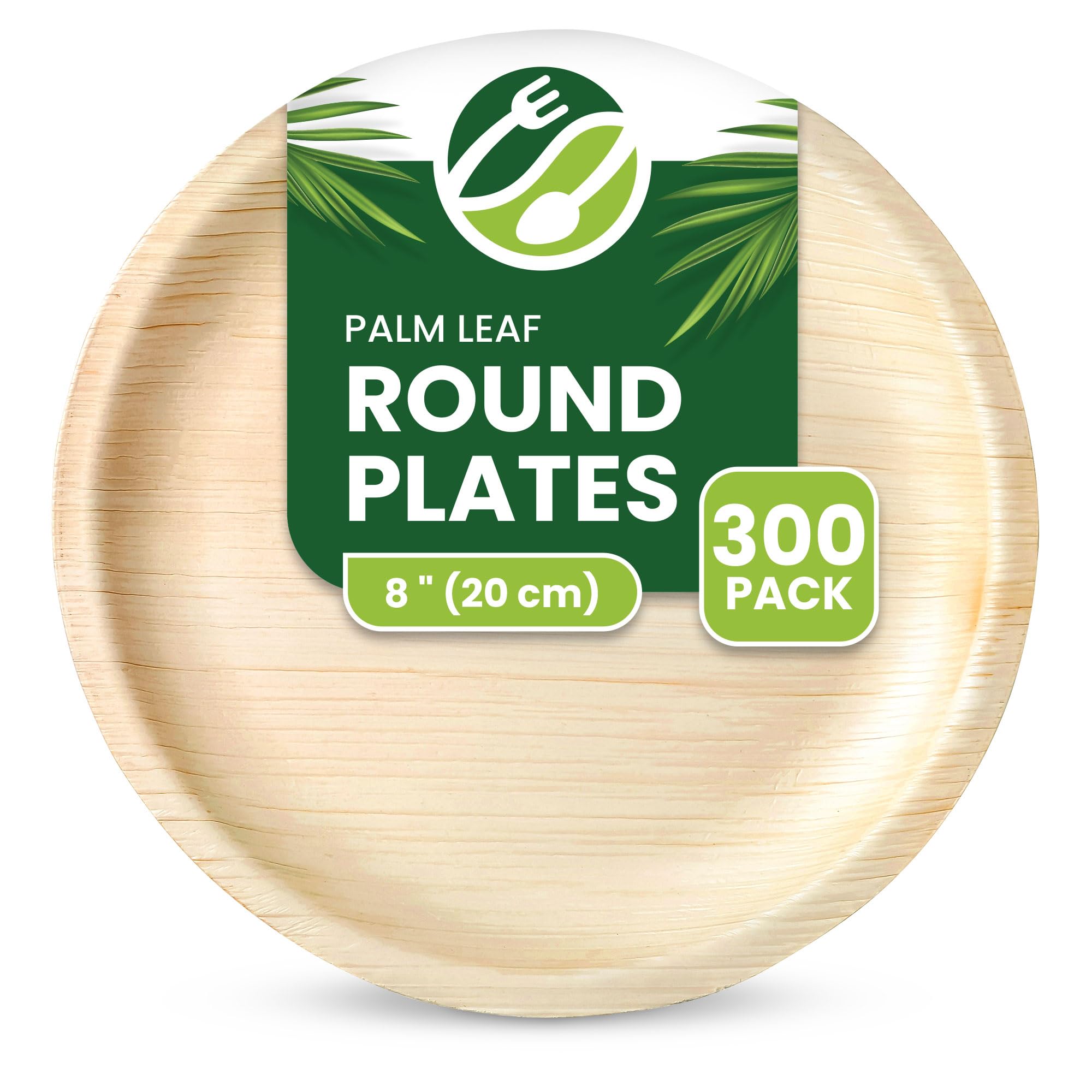 ECO Leaf 300 Disposable Palm Leaf Plates | 8”(20cm) Round Compostable Dinner Plates | Eco-Friendly, Biodegradable Heavy-Duty Plate for Wedding, Party & Picnic |Microwave & Oven Safe