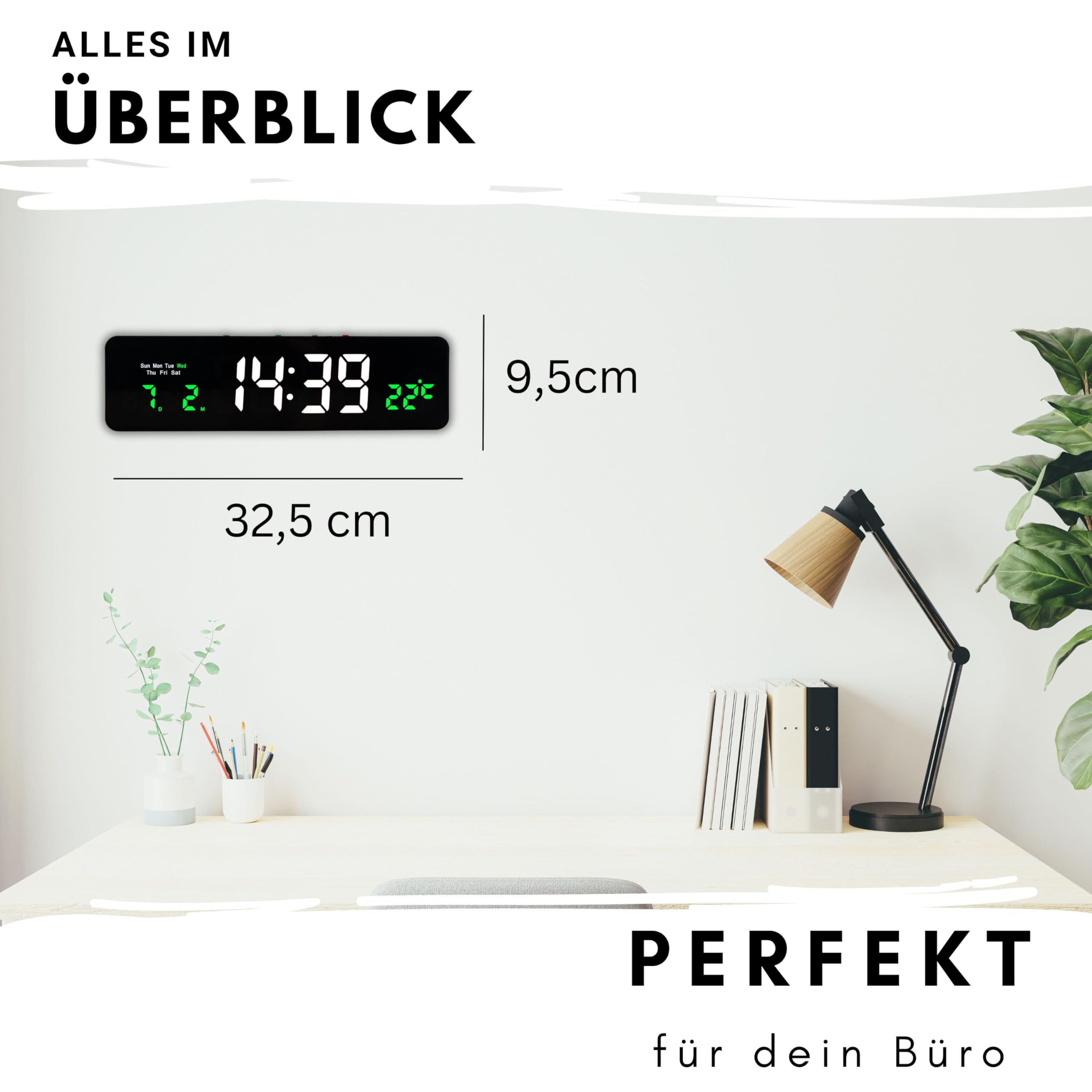 Wanduhr Digital, LED Tischuhr mit Temperaturanzeige, Wecker Snooze, 12/24-Stunden-Anzeige, LED-Uhr, USB-C Uhr mit Datumsanzeige (Weiß Grün)