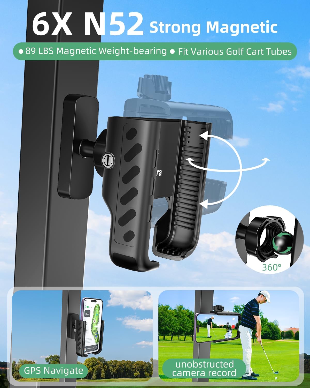 Golf Gifts for Men and Women, 3 in 1 Golf Cart Accessories Essentials Set with Golf Fan, Golf Magnetic Phone Holder Universal Mount, Golf Aluminum Holder Clip 26−64 Rings for EZGO, Yamaha, Icon