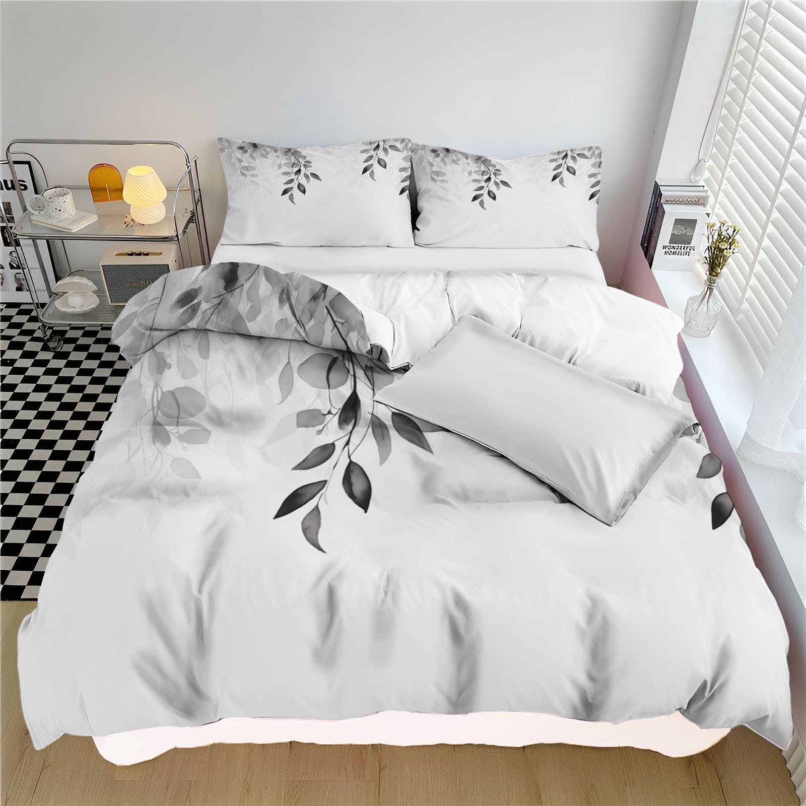 Housse de couette 240x260cm blanche adulte parure de lit 3 pièces motif feuilles encre art