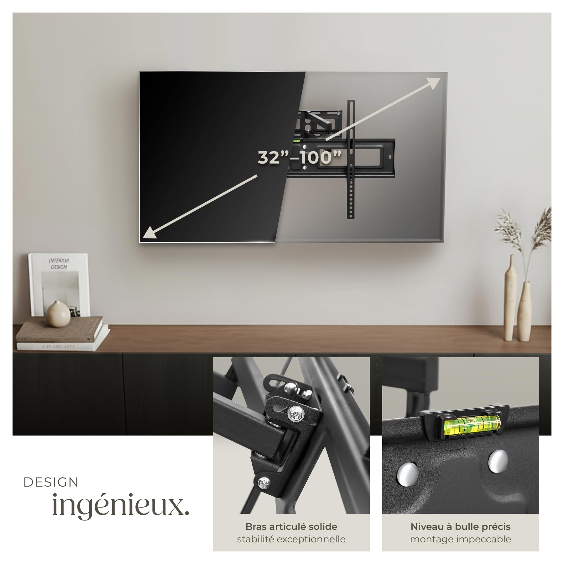 tectake® Support TV mural Téléviseurs 32"-100" (81 à 254cm) Support mural TV inclinable, orientable Accroche Television Mural, VESA max 600x400, Charge max 120kg, Support TV, Écart mur réglable 8-52cm