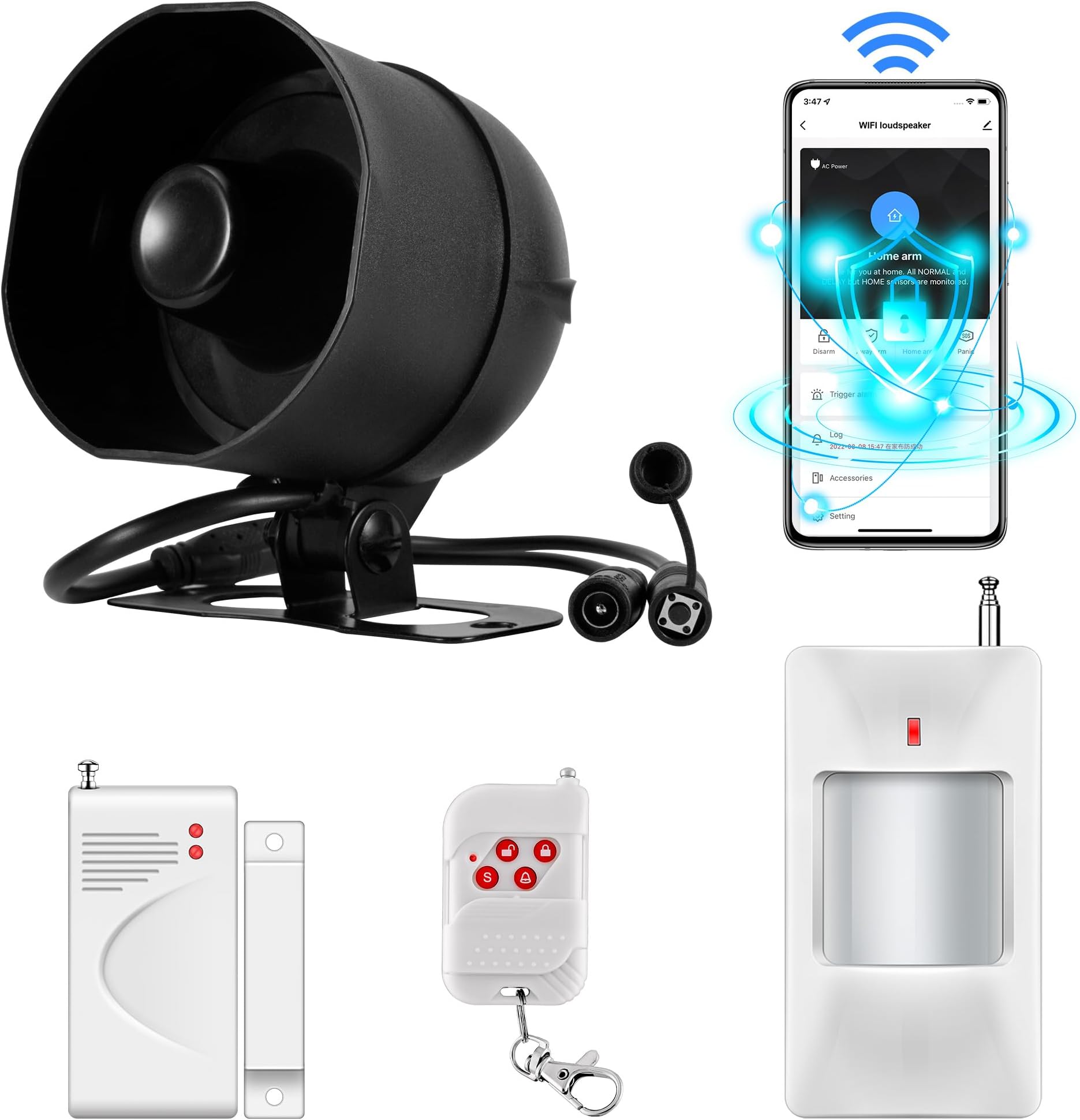 TOWODEWiFi Alarm System Kit with 115dB Siren, Motion Sensor, Door and Window Sensor and Security Alarm System with Remote Control(Black)