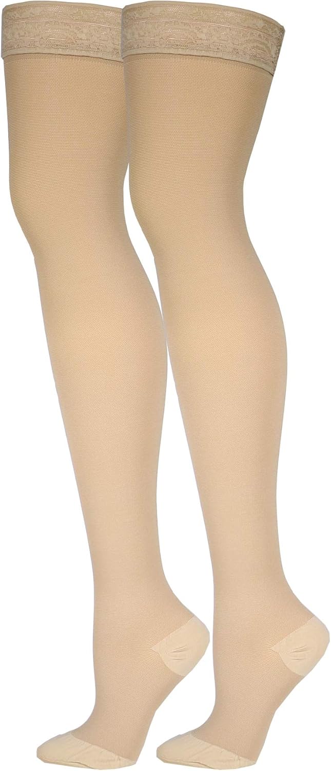 Truform Compression 20-30 mmHg Thigh High Lace Top Stockings Beige, Small, 2 Count