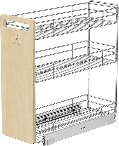 ROOMTEC Organizador de gabinete extraíble con mango de madera, 5 pulgadas de ancho x 21 pulgadas de profundidad, cajones de 3 niveles para