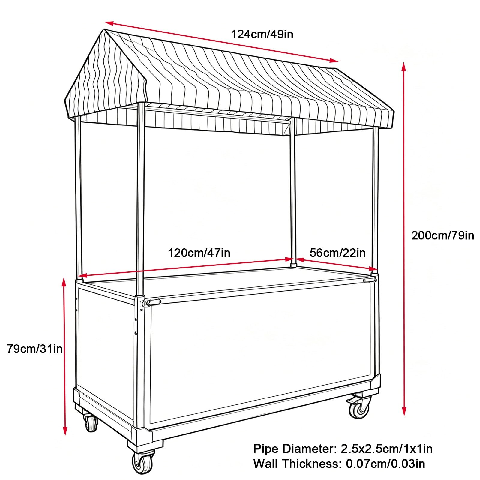 Carrello portatile per venditori, pieghevole, con tettoia e ruote bloccabili, struttura in ferro per eventi alimentari, larghezza 120 cm