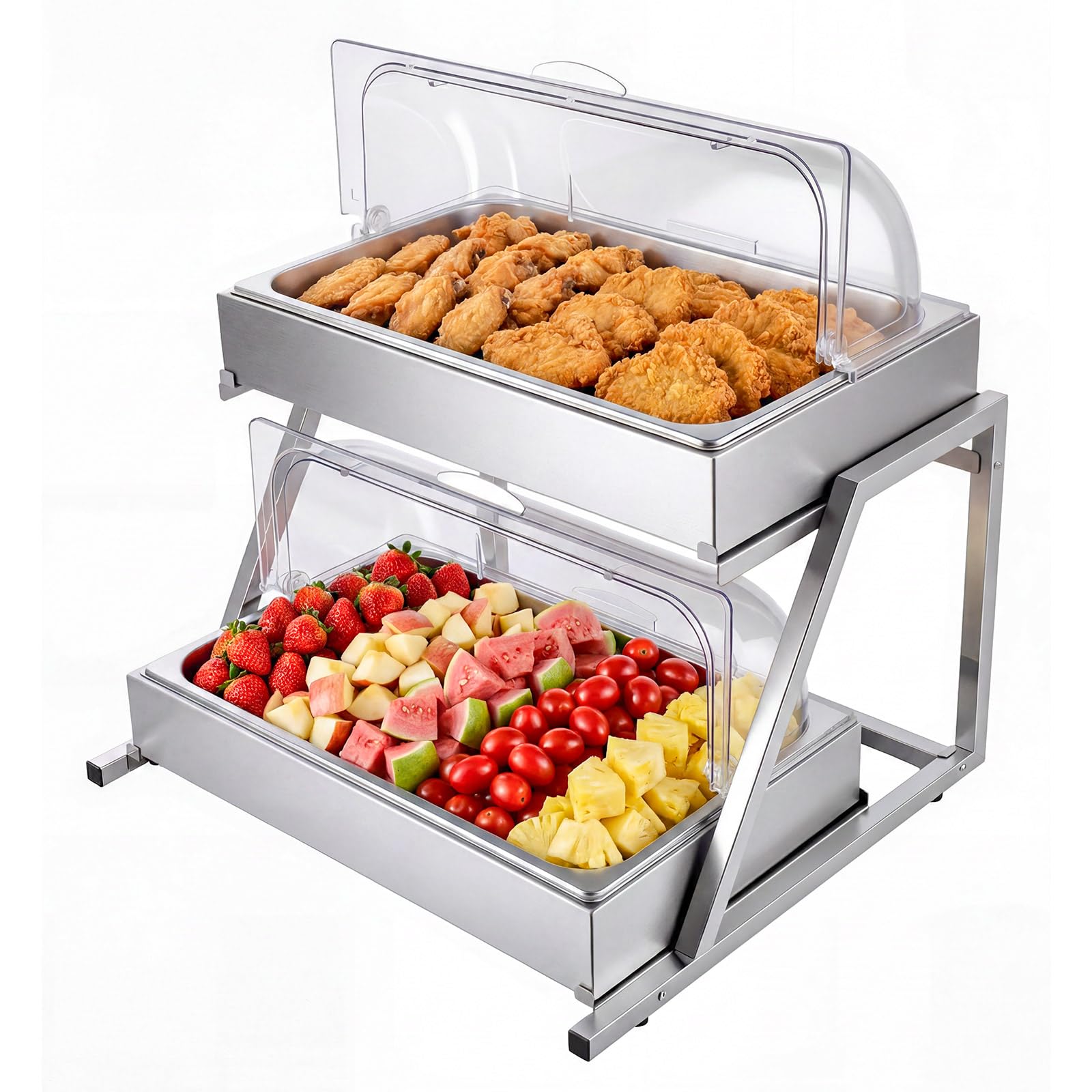 VEVOR Vetrina Espositiva per Alimenti, Vetrina 2 Ripiani per Buffet Dolci 2 Contenitori GN in Acciaio Inox Coperchio Avvolgibile Trasparente, Espositore per Buffet da Ristoranti Hotel Catering Feste