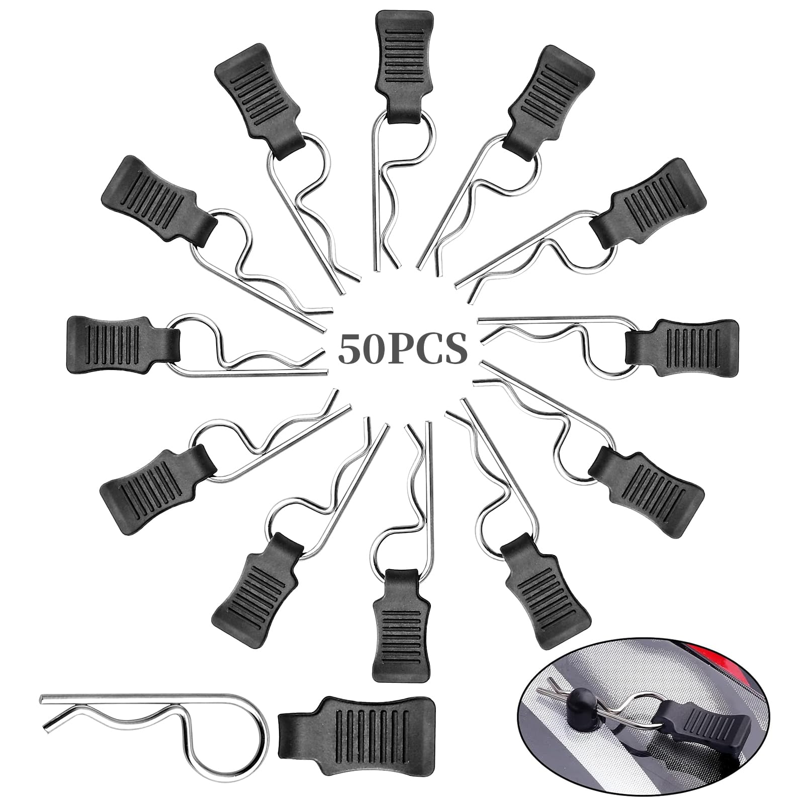 50pcs FriHobby RC Car Clips with Pull Tabs Compatiable with 1/8 1/10 1/12 1/14 Traxxas Arrma Axial SCX10 Redcat Losi Tamiya HPI HSP Himoto Body Clips (Silver)