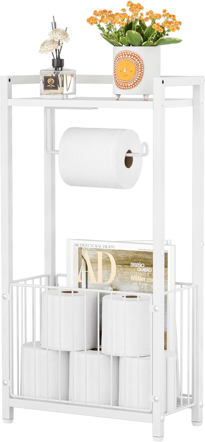 Freestanding Toilet Paper Holder with Storage Shelf - All-in-One Toilet Roll Dispenser and Organizer for Bathroom Tissue Stand with Space for Phone Wipes Magazines (White)