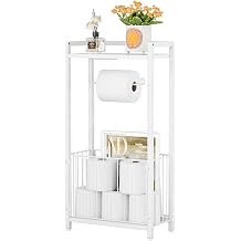 Freestanding Toilet Paper Holder with Storage Shelf - Bathroom Tissue Stand with Space for Phone Wipes Magazines All-in-One Toilet Roll Dispenser and Organizer White