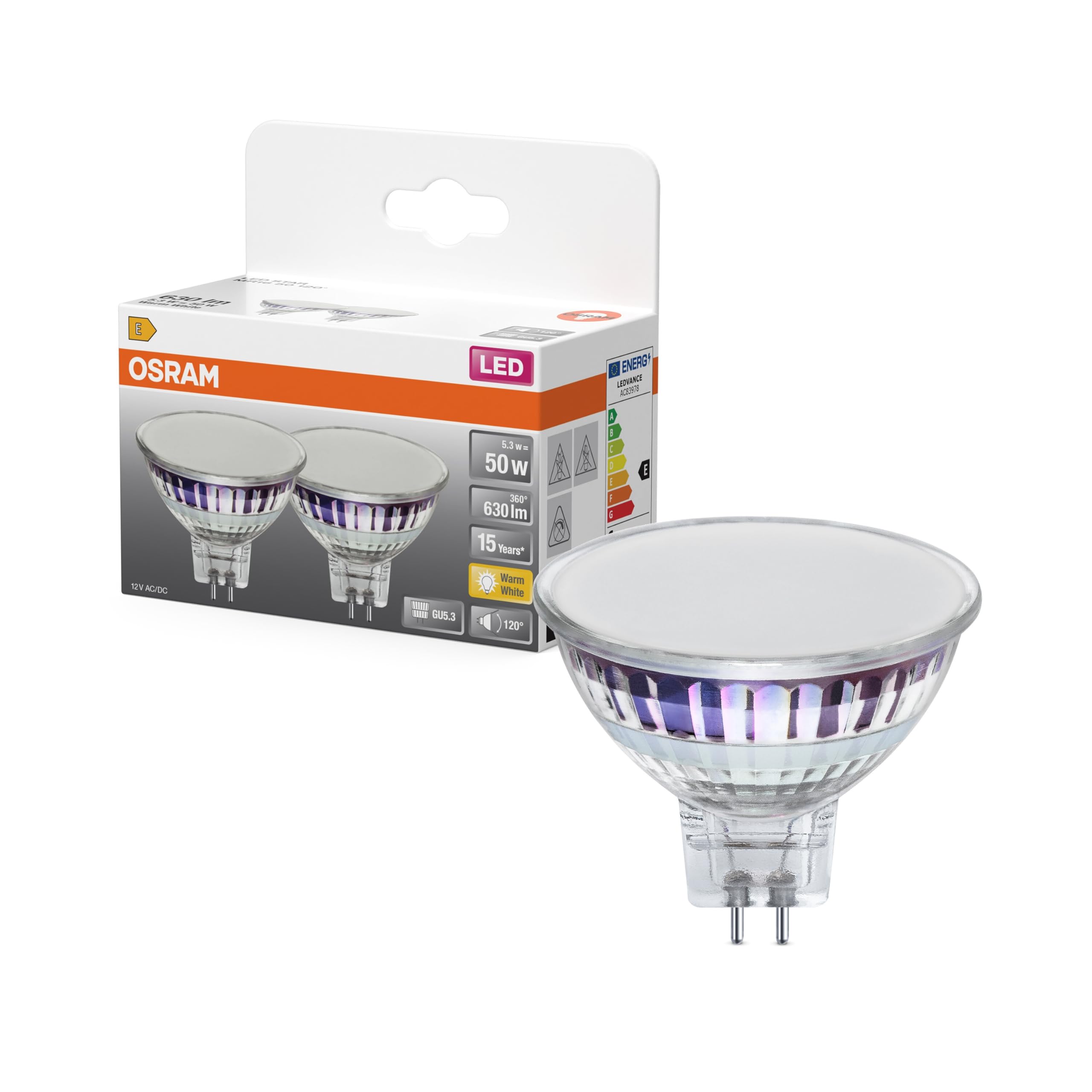 OSRAM Riflettore LED Spot Star MR16 50°/120 caldo 5,3W GU5.3 | LED Star MR16 50 120°, LED Lamps, Chiaro, 15000 h, confezione da 2