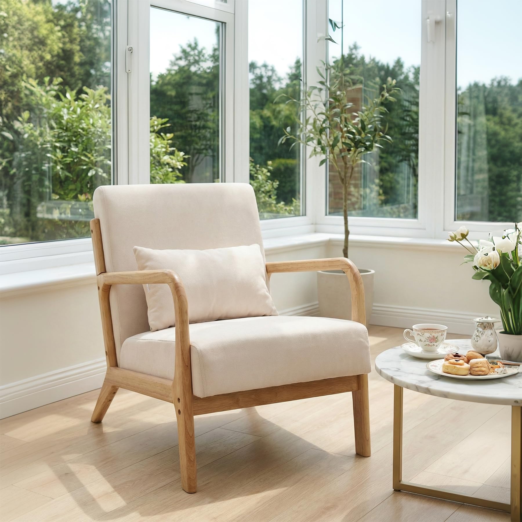 HomeMiYN Accent Sessel mit Kissen,Moderner Polstersessel für Wohnzimmer, Lounge-Stuhl mit Armlehnen&Holzrahmen, bequemer Lesesessel(Wood) Küche, Haushalt & Wohnen