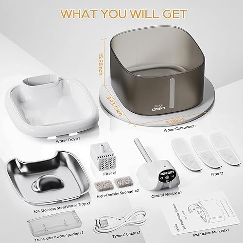 Miniatura 7 de Fuente de agua inalámbrica para gatos, 118 onzas3.5 L, fuente para gatos con bandeja de acero inoxidable, ultra silenciosa con sensor de movimiento,