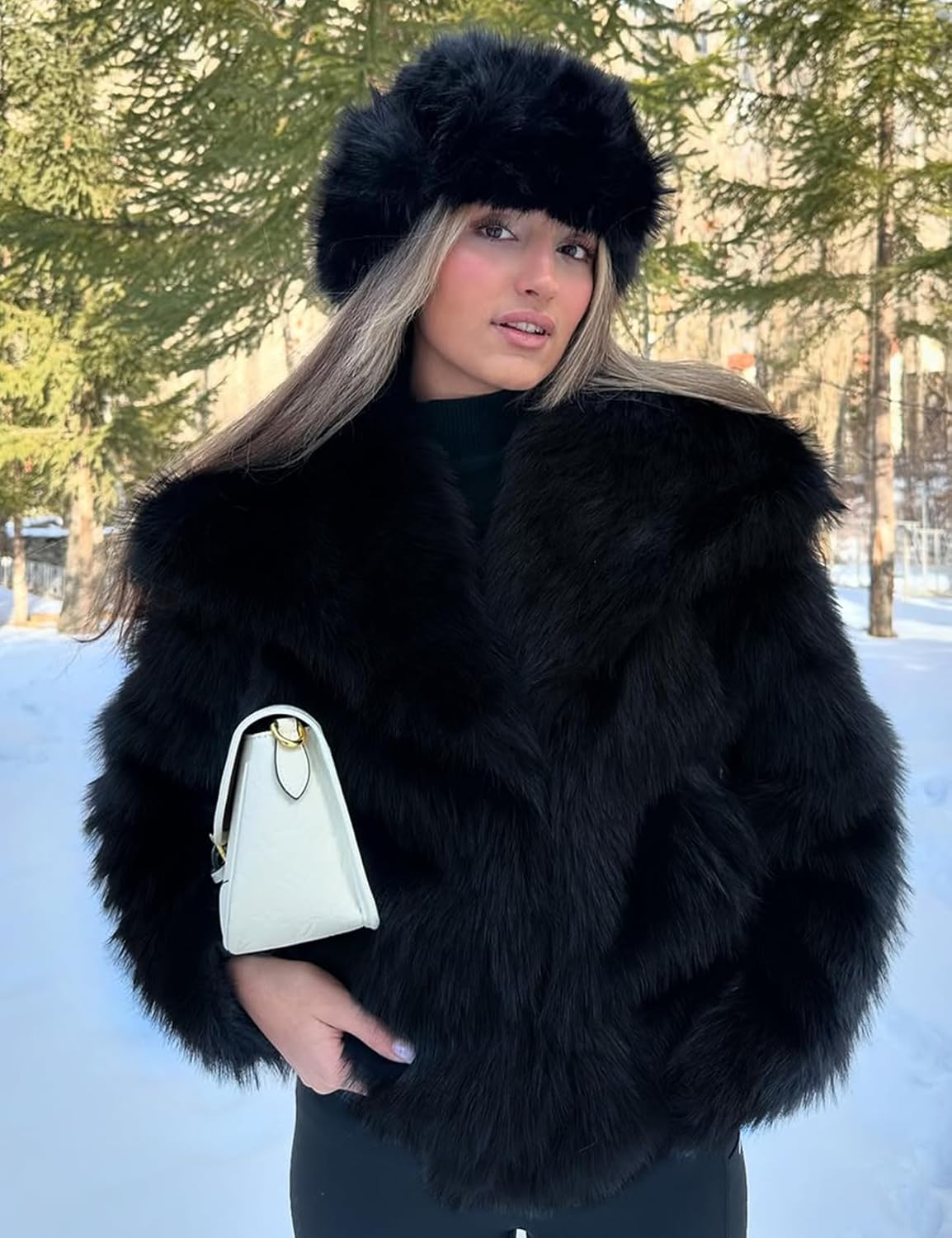 Wyeysyt Womens Faux Fur Coat Cropped Fluffy Shaggy Jacket Lapel Winter Warm Furry Short Coat - Image 3