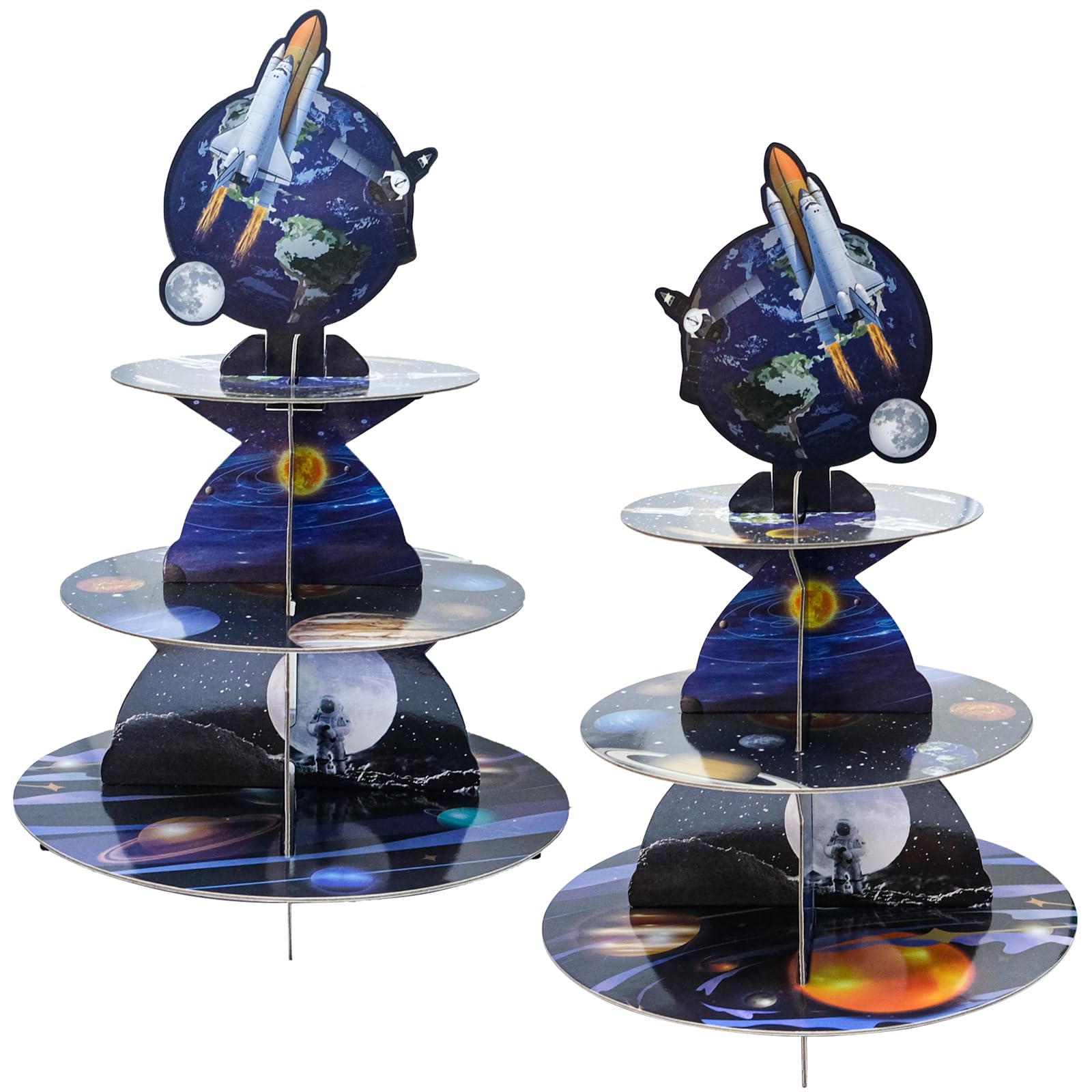 2 Pack Outer Space Cupcake Stand 3 Tier Space Rocket Cupcake Holder Dessert Tower Solar System Party Decorations Supplies for Space Theme Party Birthday Baby Shower