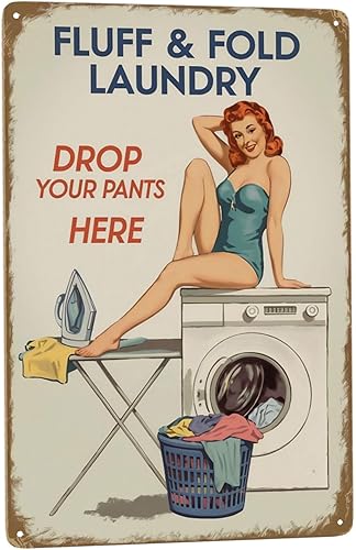 Póster de metal divertido para cuarto de lavado, 8 x 12 pulgadas, "Pelusa y dobla tus pantalones", arte retro para pared de baño, apartamento,