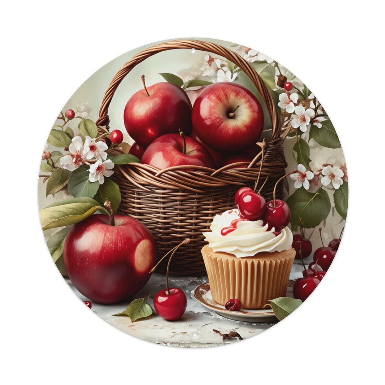 Apple Cherry Cupcake Basket Flowers Round Tin Sign Vintage Metal Poster, Home Bar Garage Man Cave Cafe Indoor & Outdoor Wall Decoration 8x8Inches